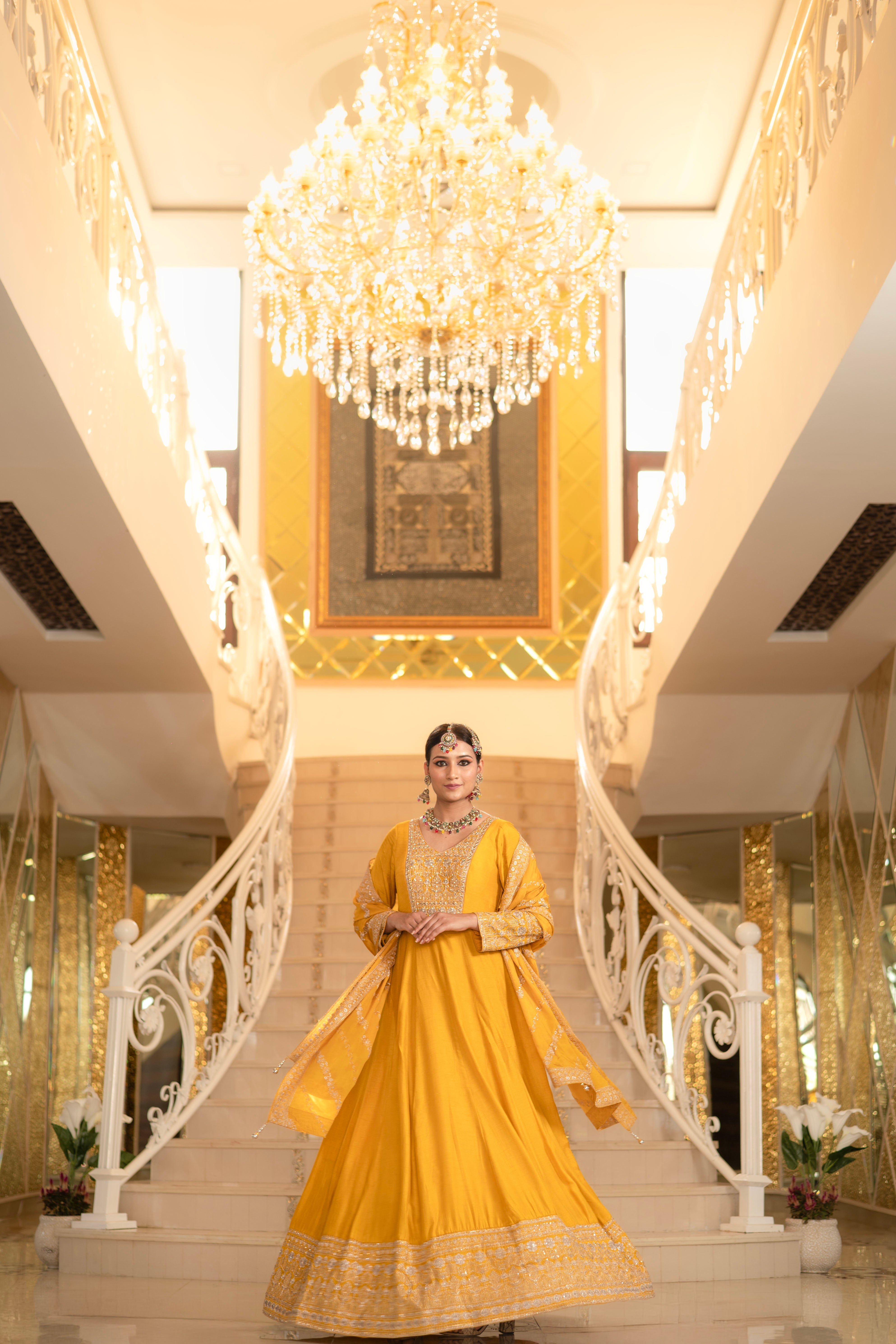 Yellow Viscose Silk Zari Embroidered Floor Length Anarkali Set