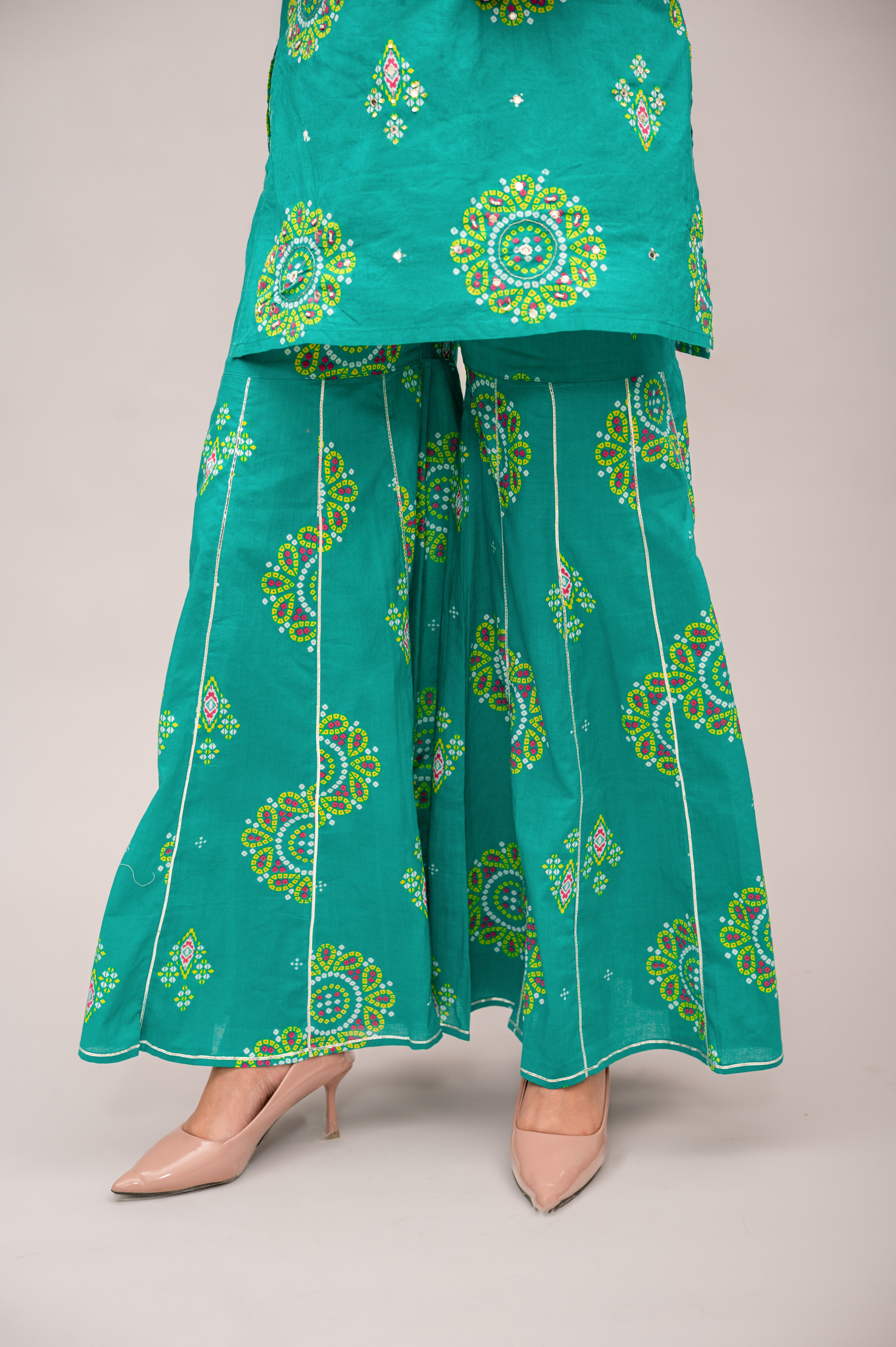 Green Mal Cotton Bandhani Print Sharara Suit with Mirror Embroidery