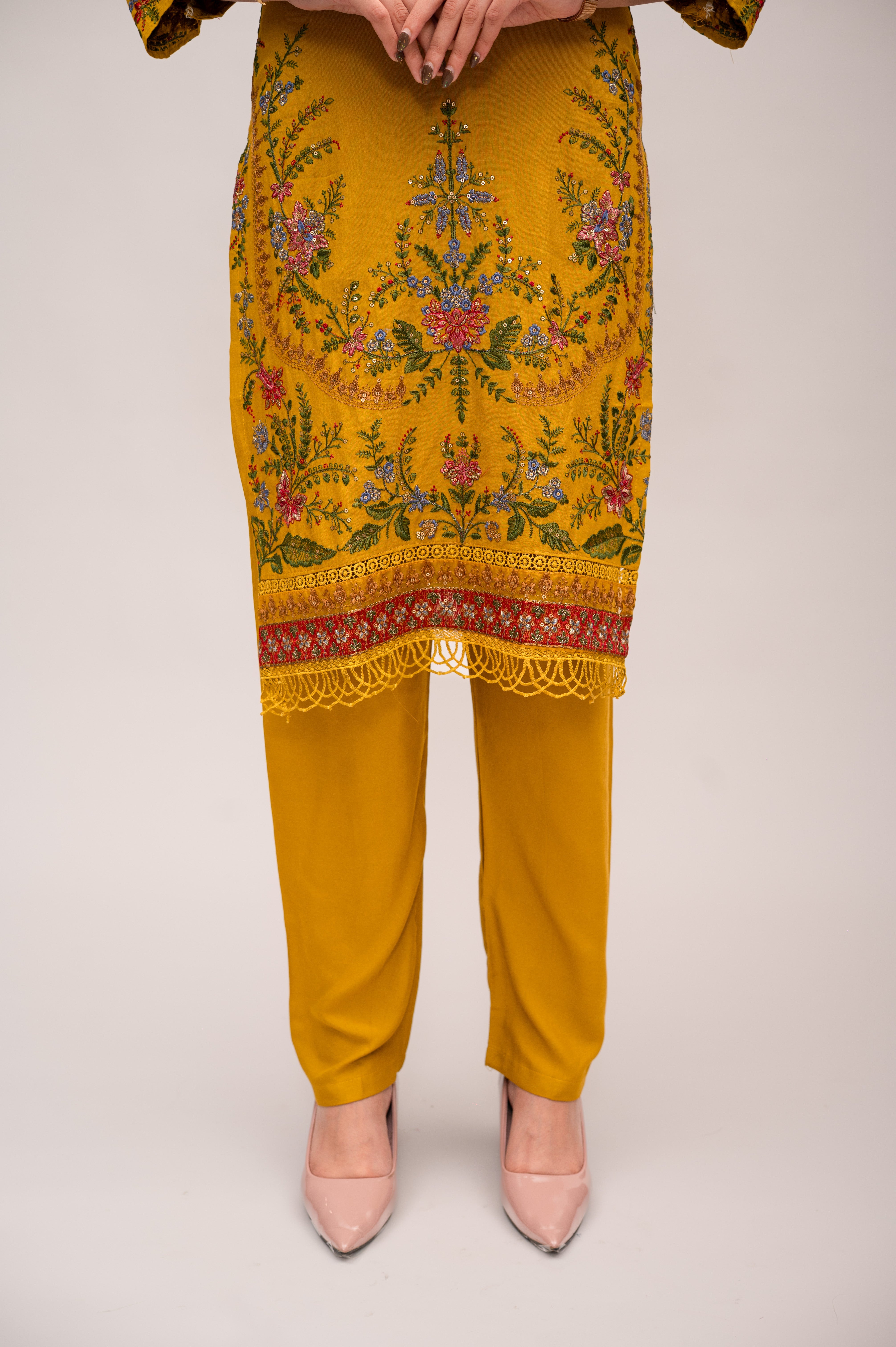 Marigold Yellow Cotton Suit with Embroidery with a Malmal Printed Dupatta