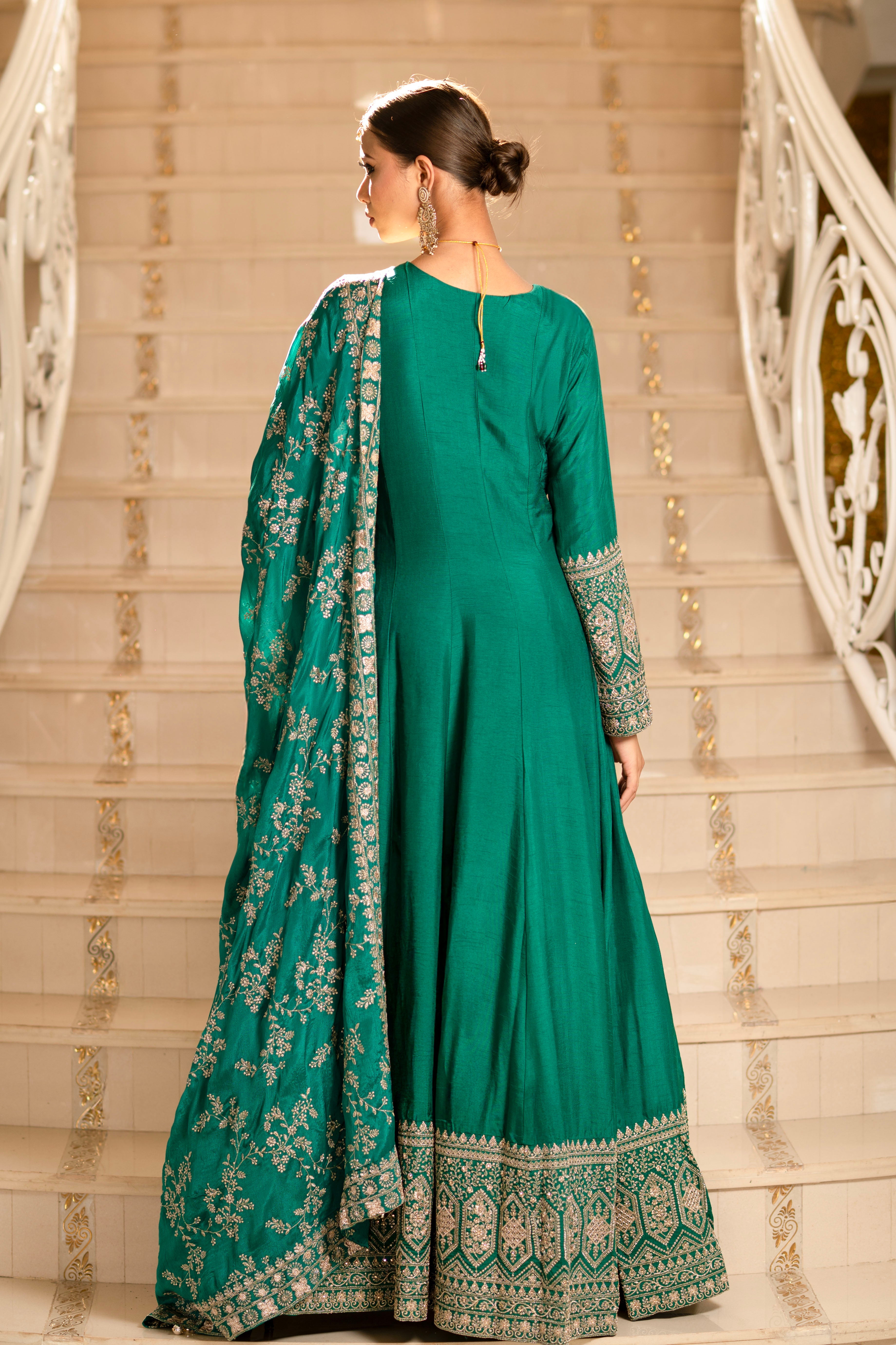 Teal Green Viscose Silk Zari Embroidered Floor Length Anarkali Set
