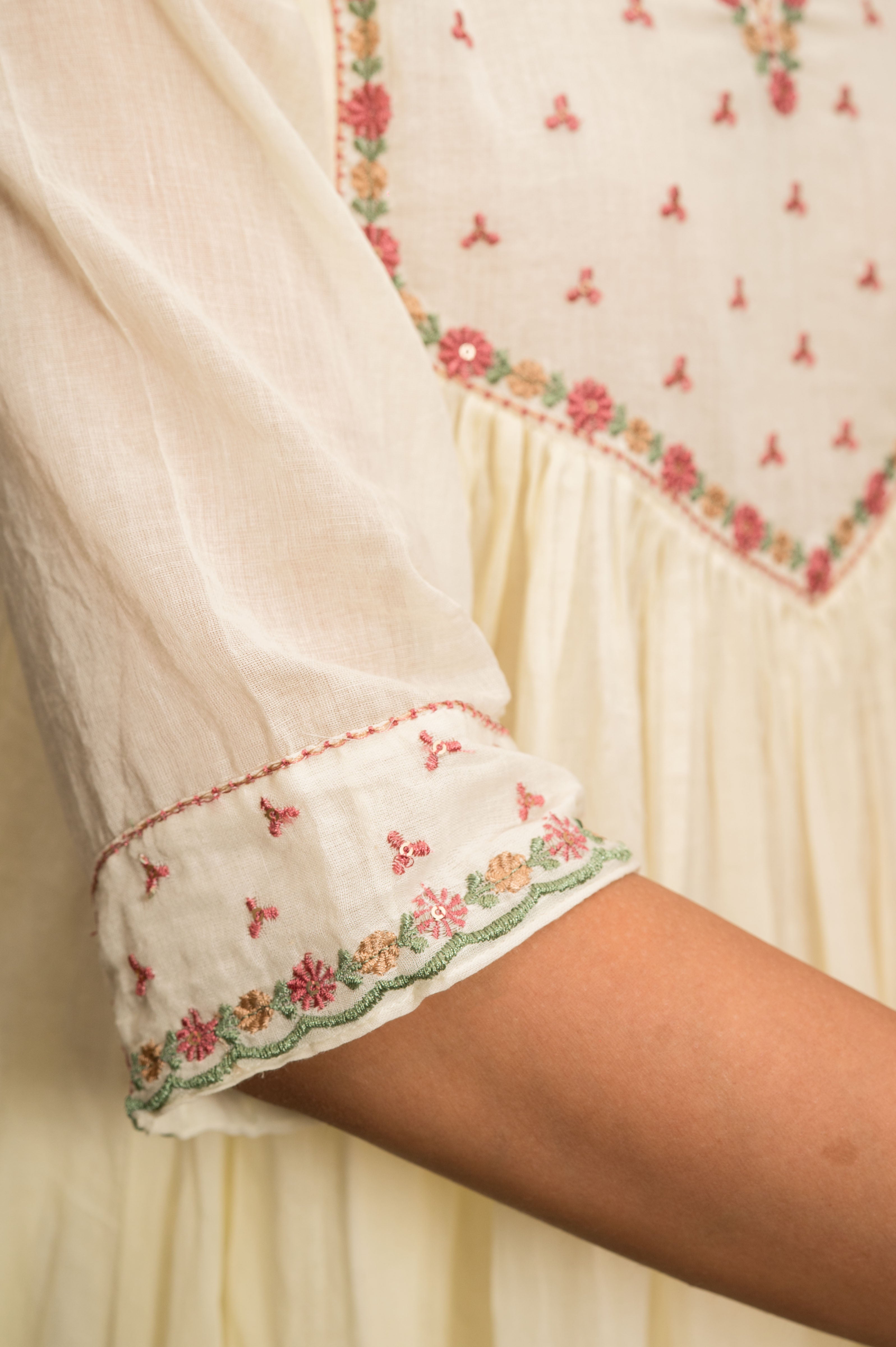 Off White Frock Suit with Pant & Dupatta WithThread Embroidery