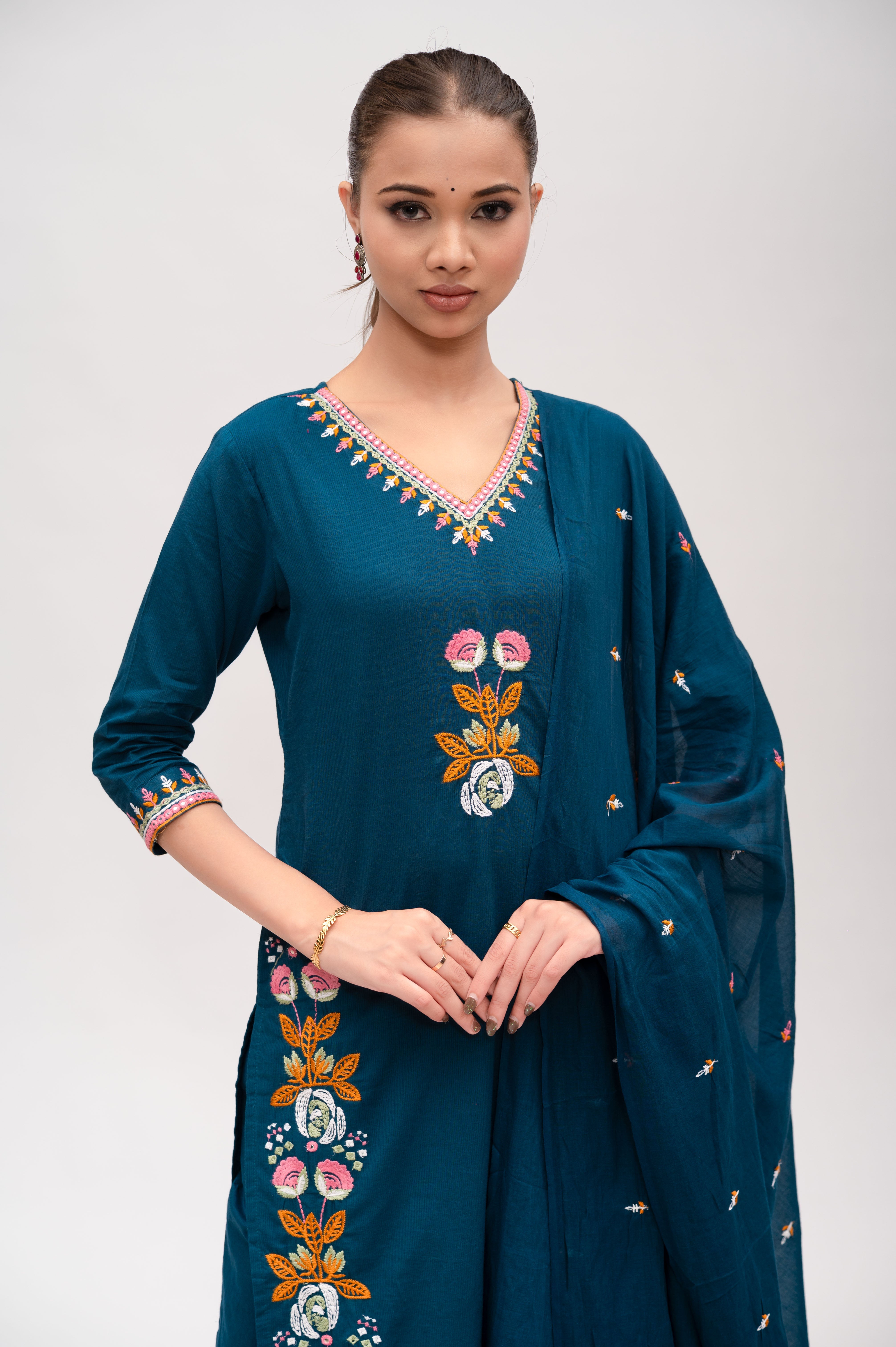 Teal blue Mal Cotton Straight Suit with Pant & Dupatta With Thread Embroidery and Mirror Work