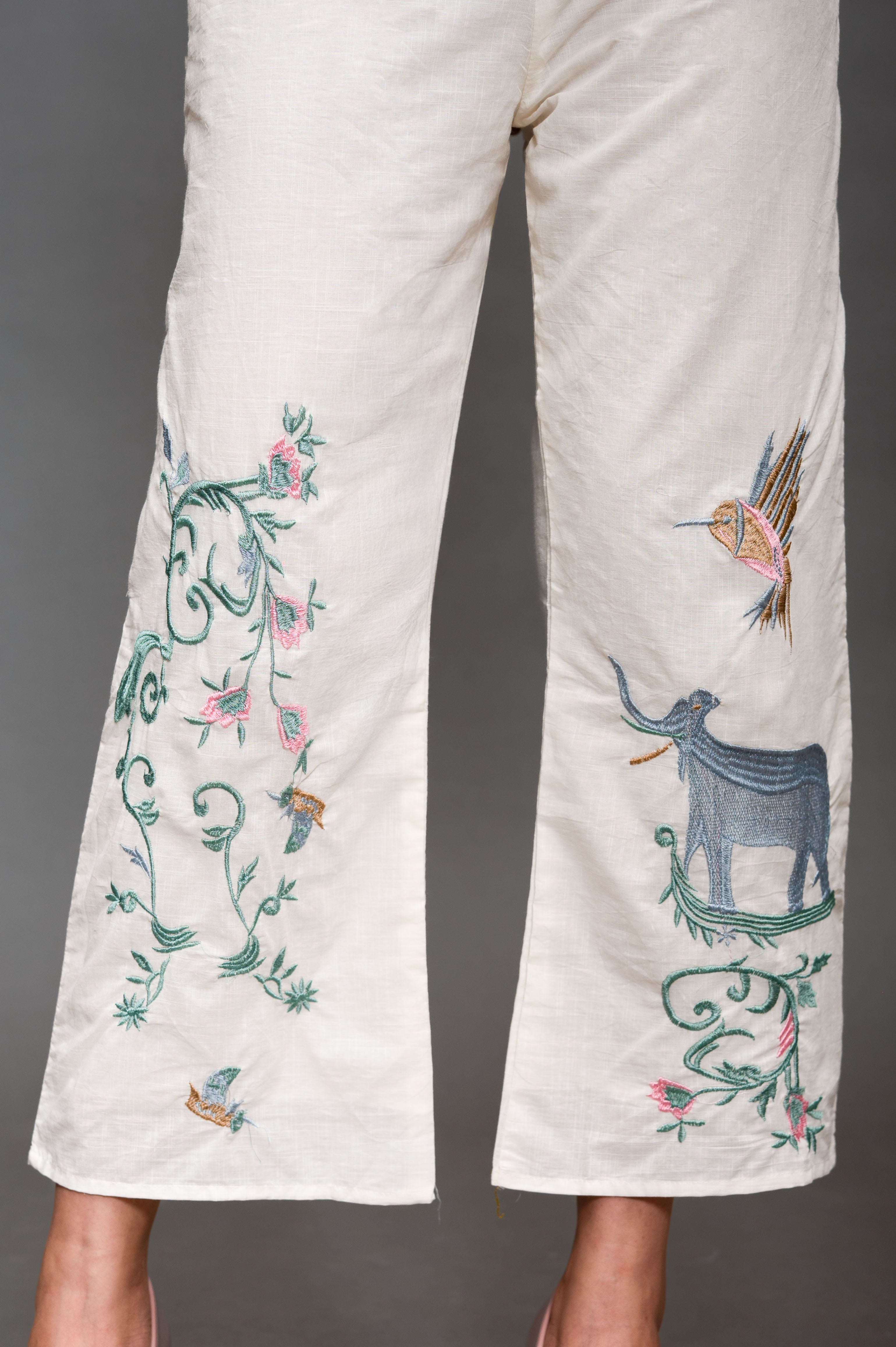Cream White Cotton Cord Set with Embroidery and Animal Motifs