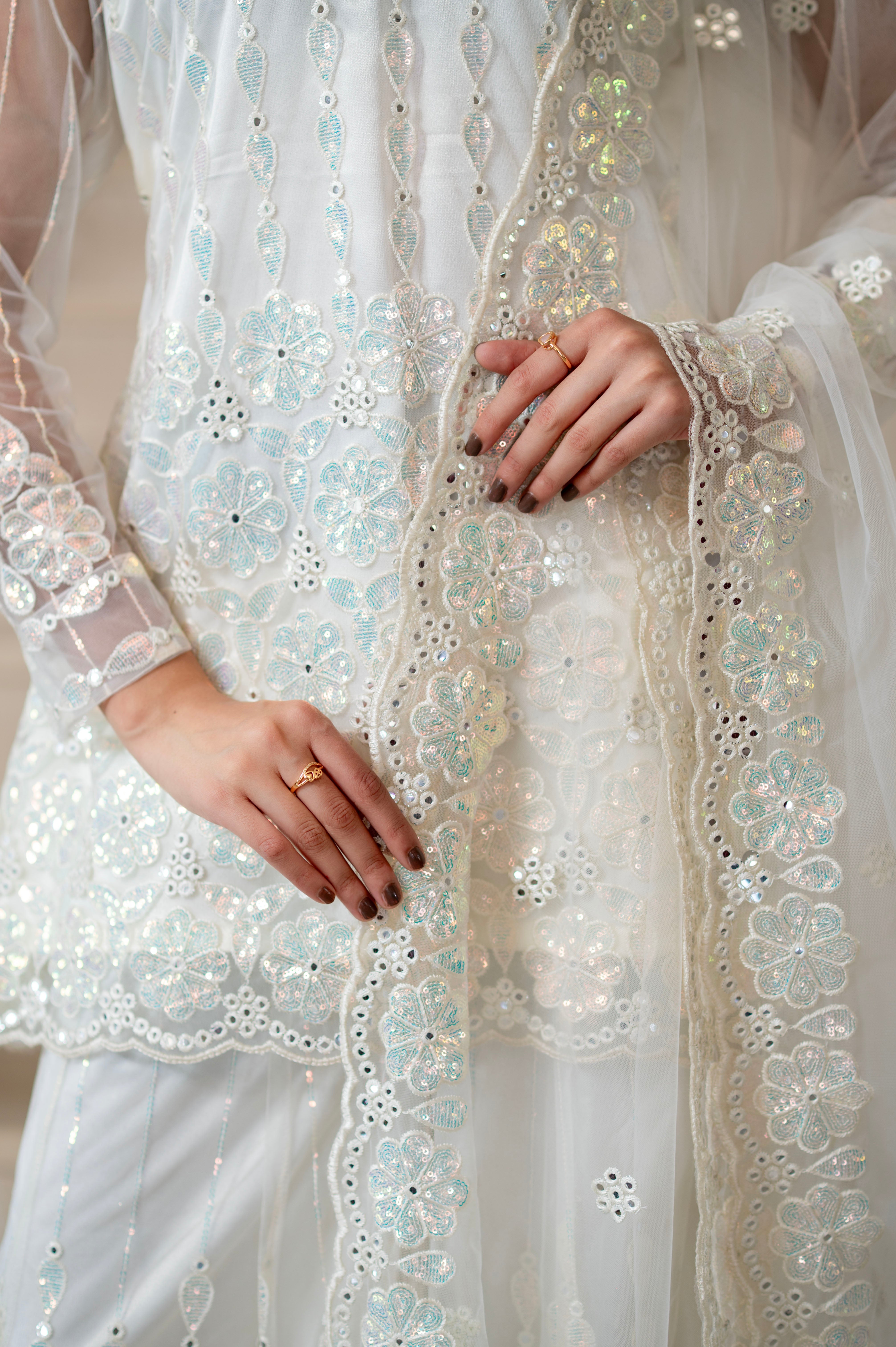 Ivory Pearl White Super Net Full Sleeve Kurta With Flared Palazzo Sets