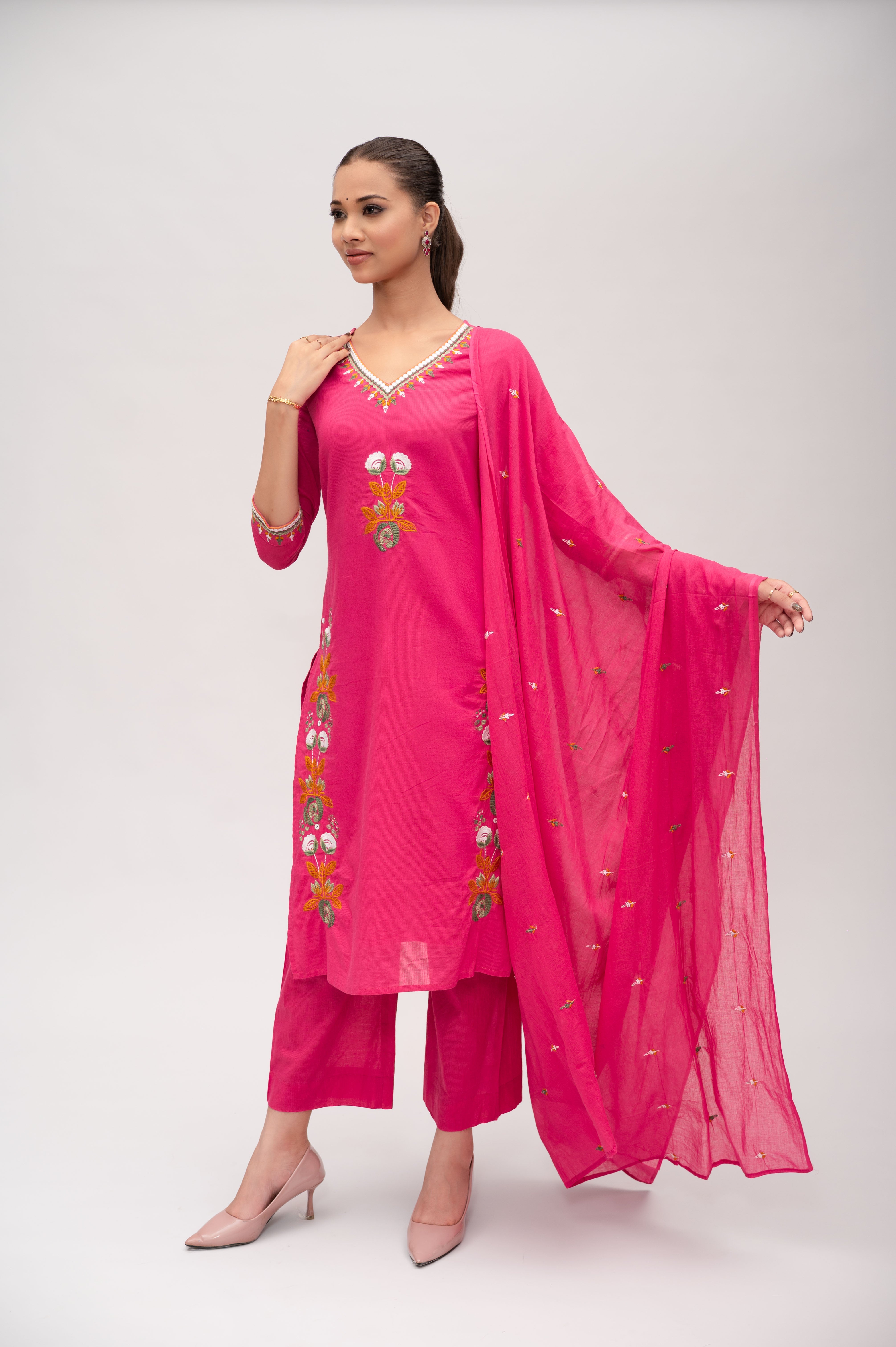 Fuchsia Pink Mal Cotton Straight Suit with Pant & Dupatta With Thread Embroidery and Mirror Work