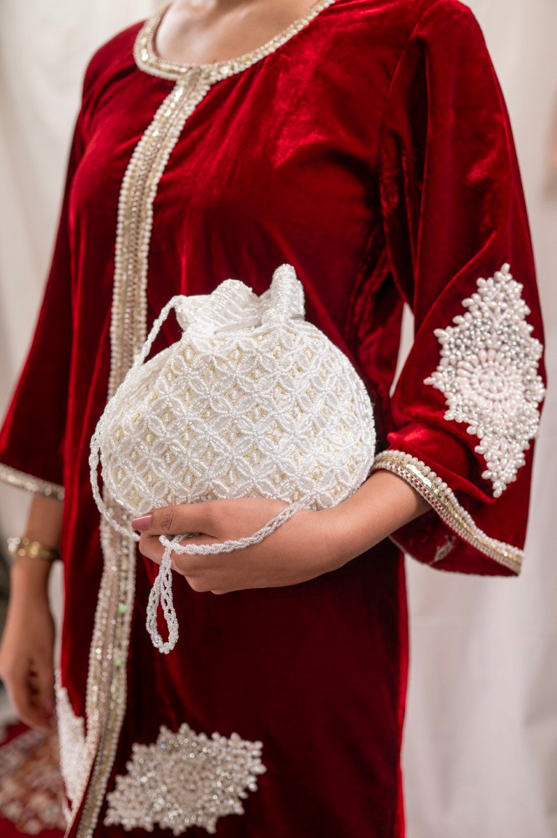 Milky White Potli with Pearl and Golden Thread Work