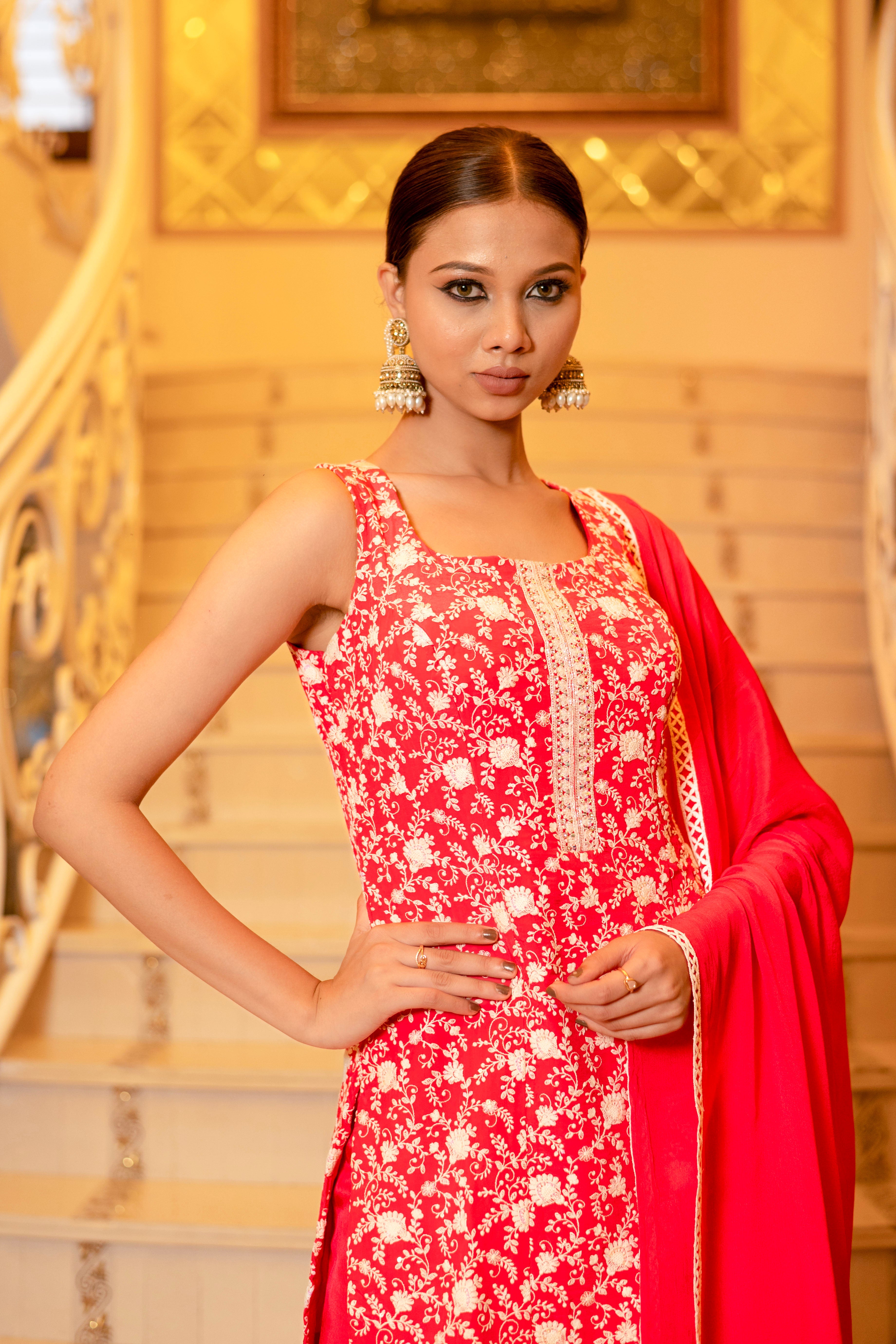 Crimson Red Pink Chiffon Chikankari Crepe Kurta and Palazzo Sets
