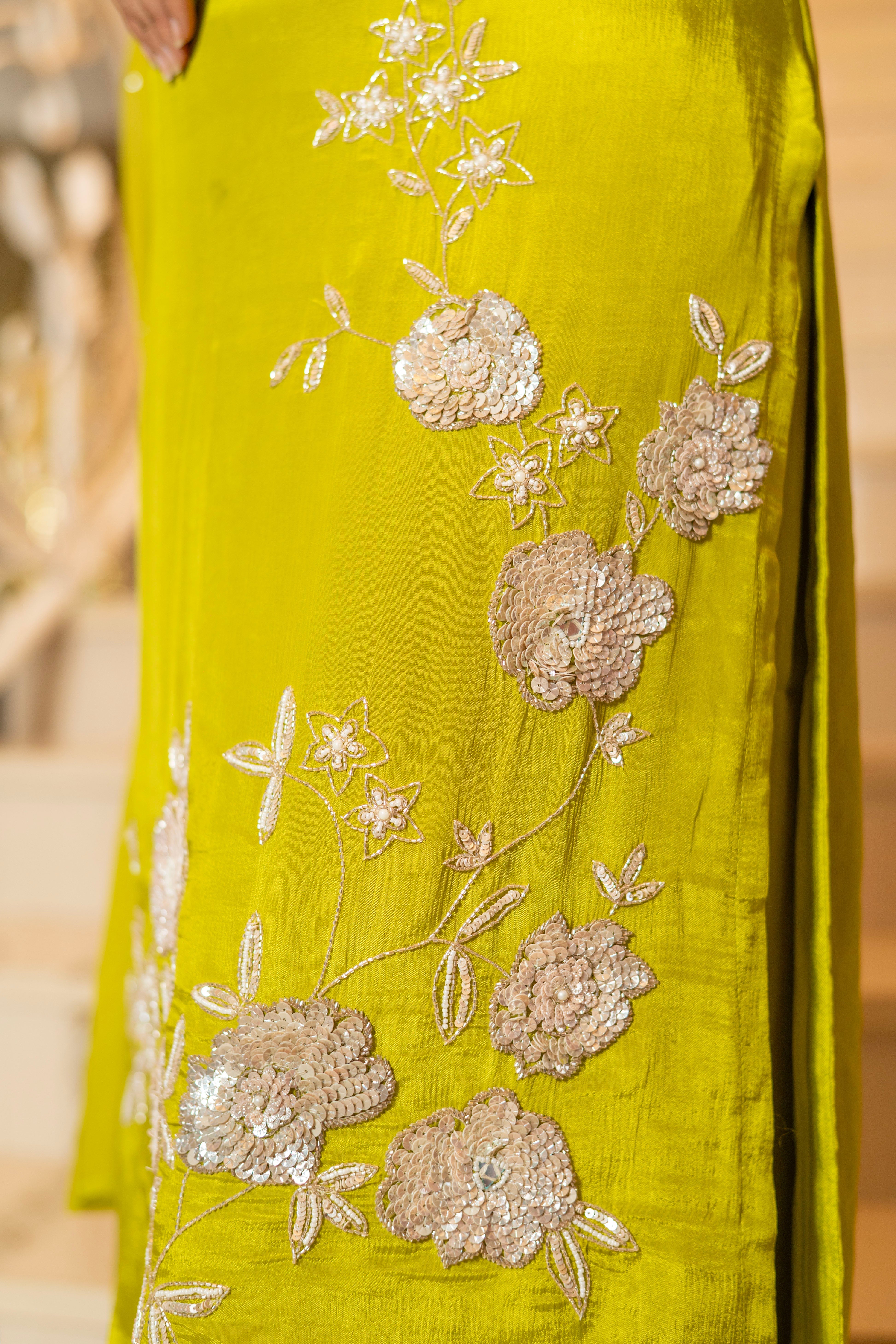 Mehandi Green Chiffon Hand Embroidered Kurta with Palazzo Set
