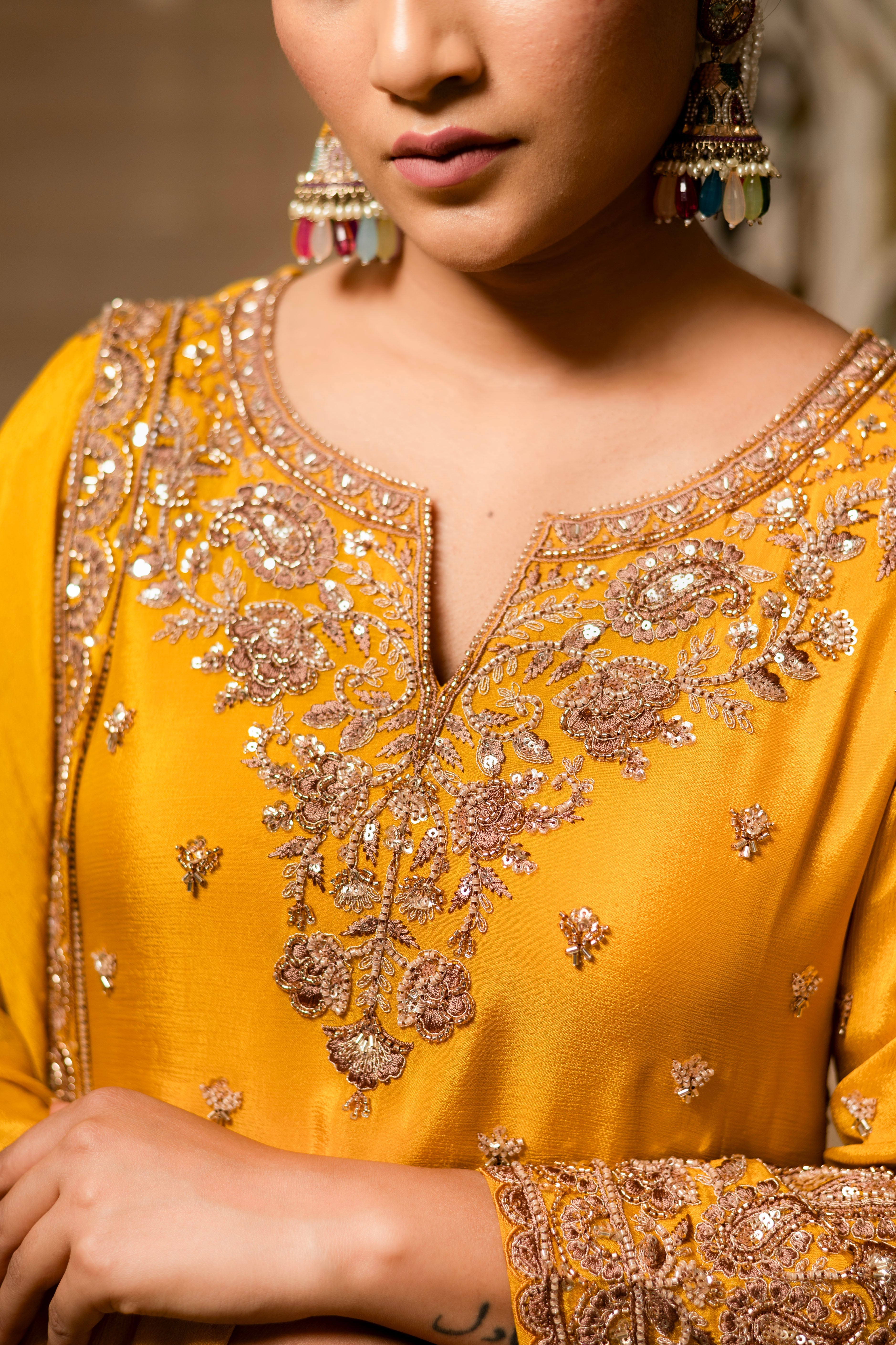 Yellow Viscose Silk Detailed Heavy Embroidered Sharara Set