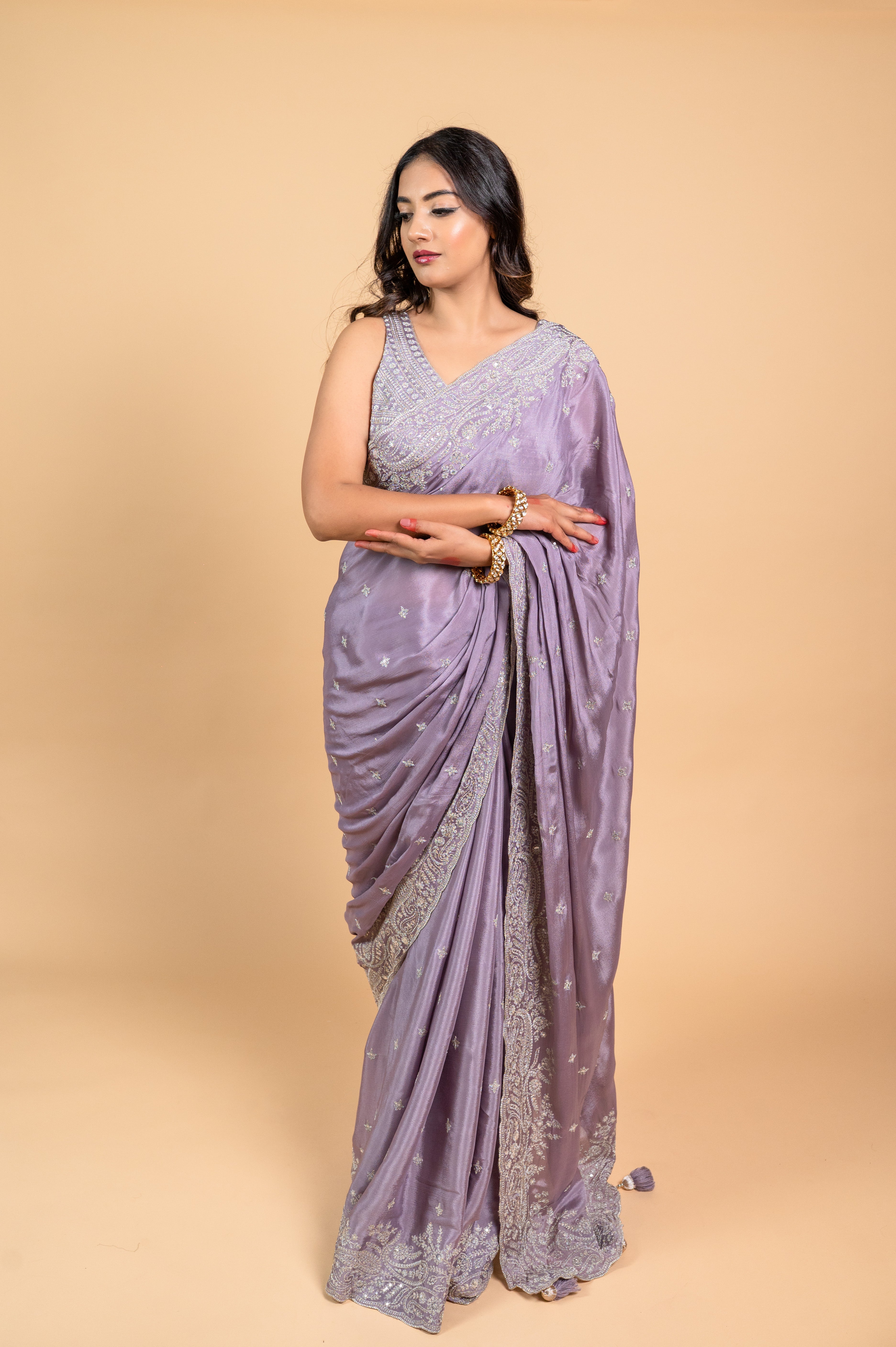 Two Blouse Concept – Lavender Purple Crepe Silk Saree with Sequin and Zari Work