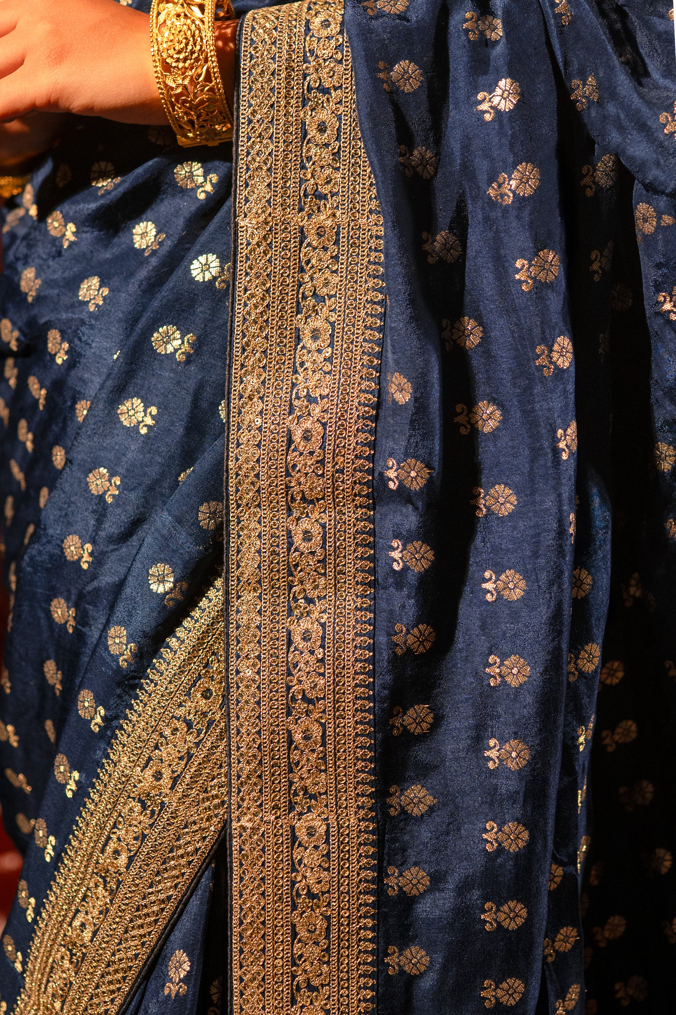 Dark Blue Silk Saree with Golden Buti Work and Rich Zari Border