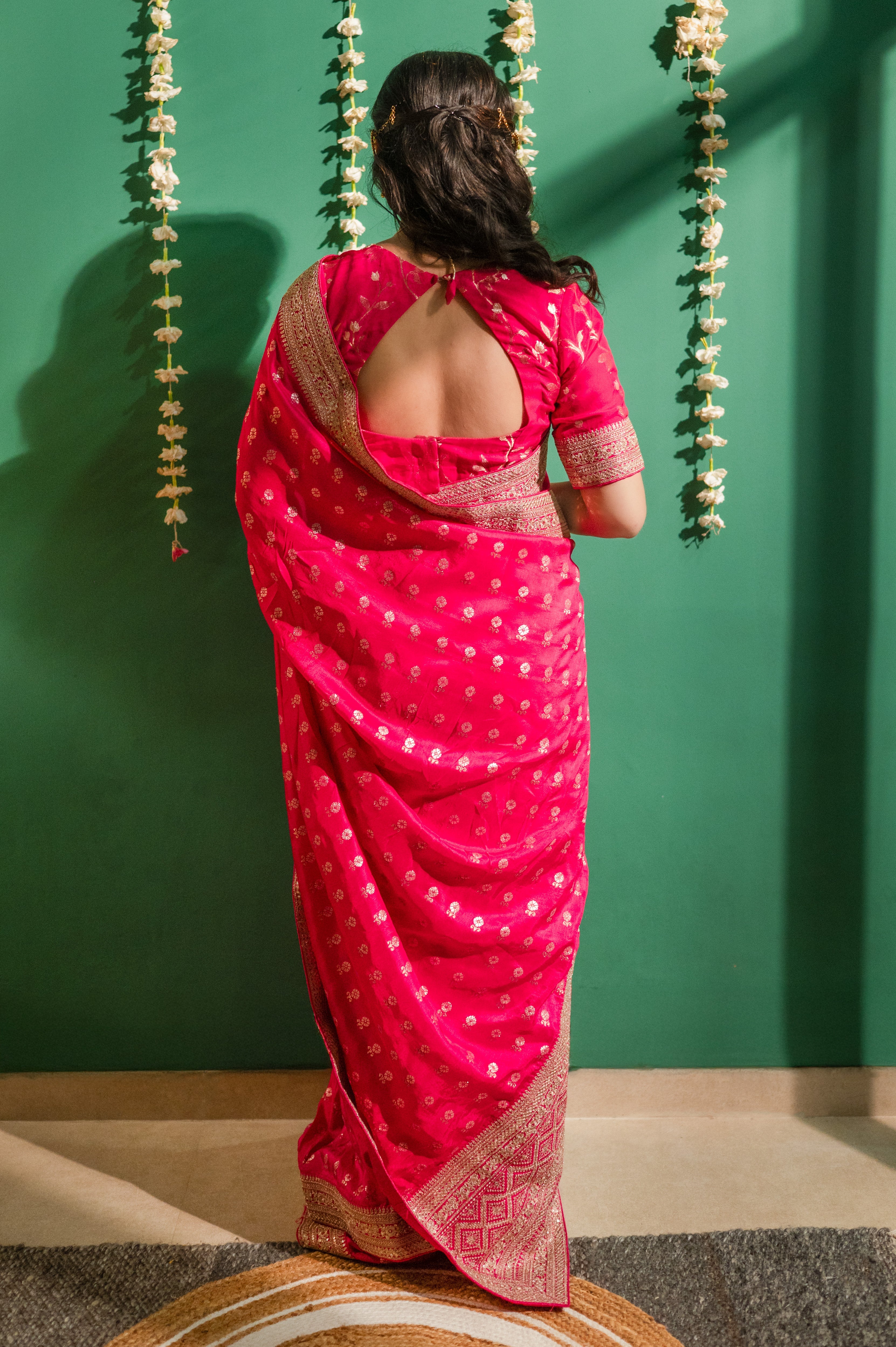 Fushcia Rani Pink Silk Saree with Golden Buti Work and Rich Zari Border
