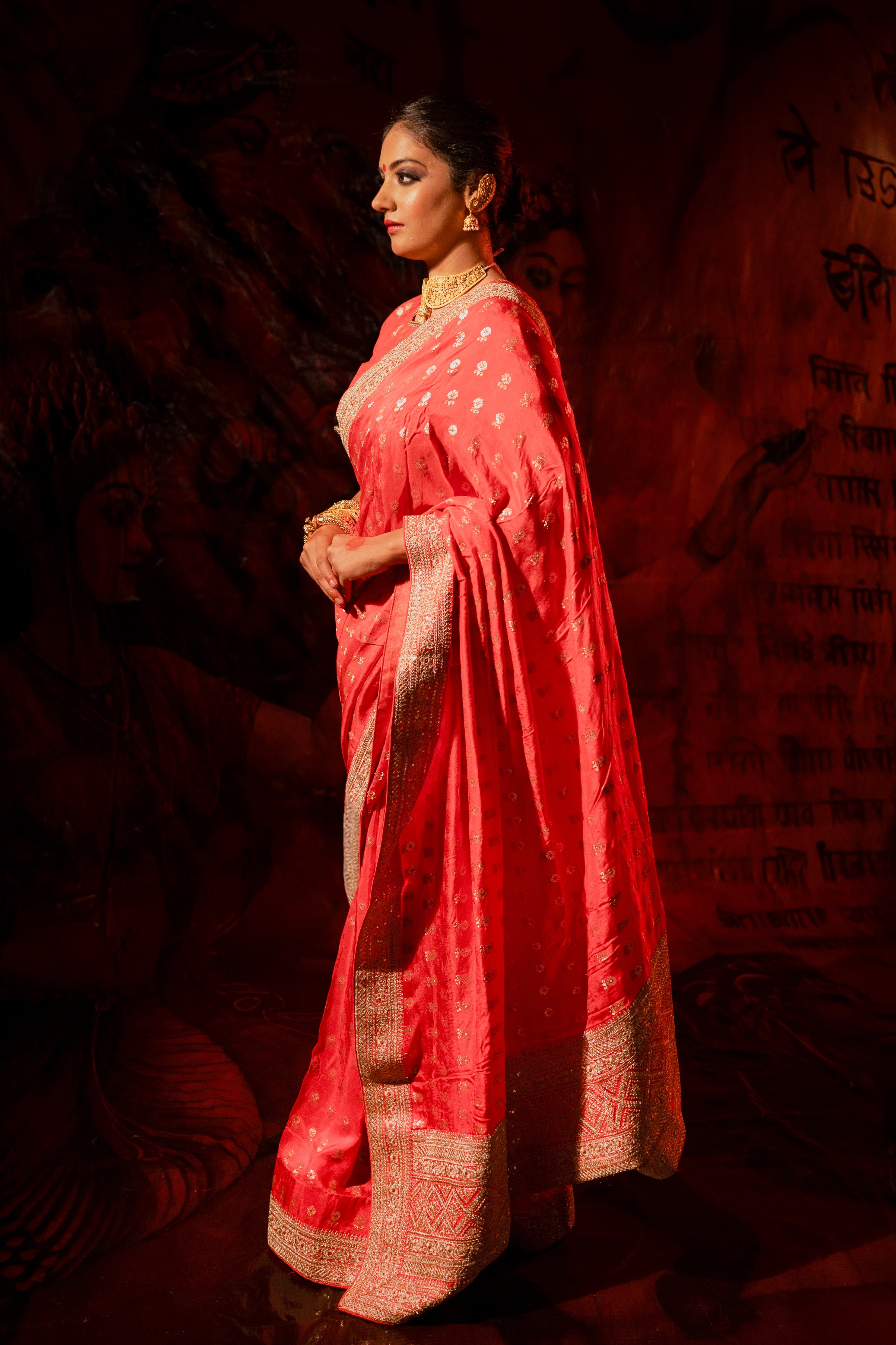 Red Silk Saree with Golden Buti Work and Rich Zari Border