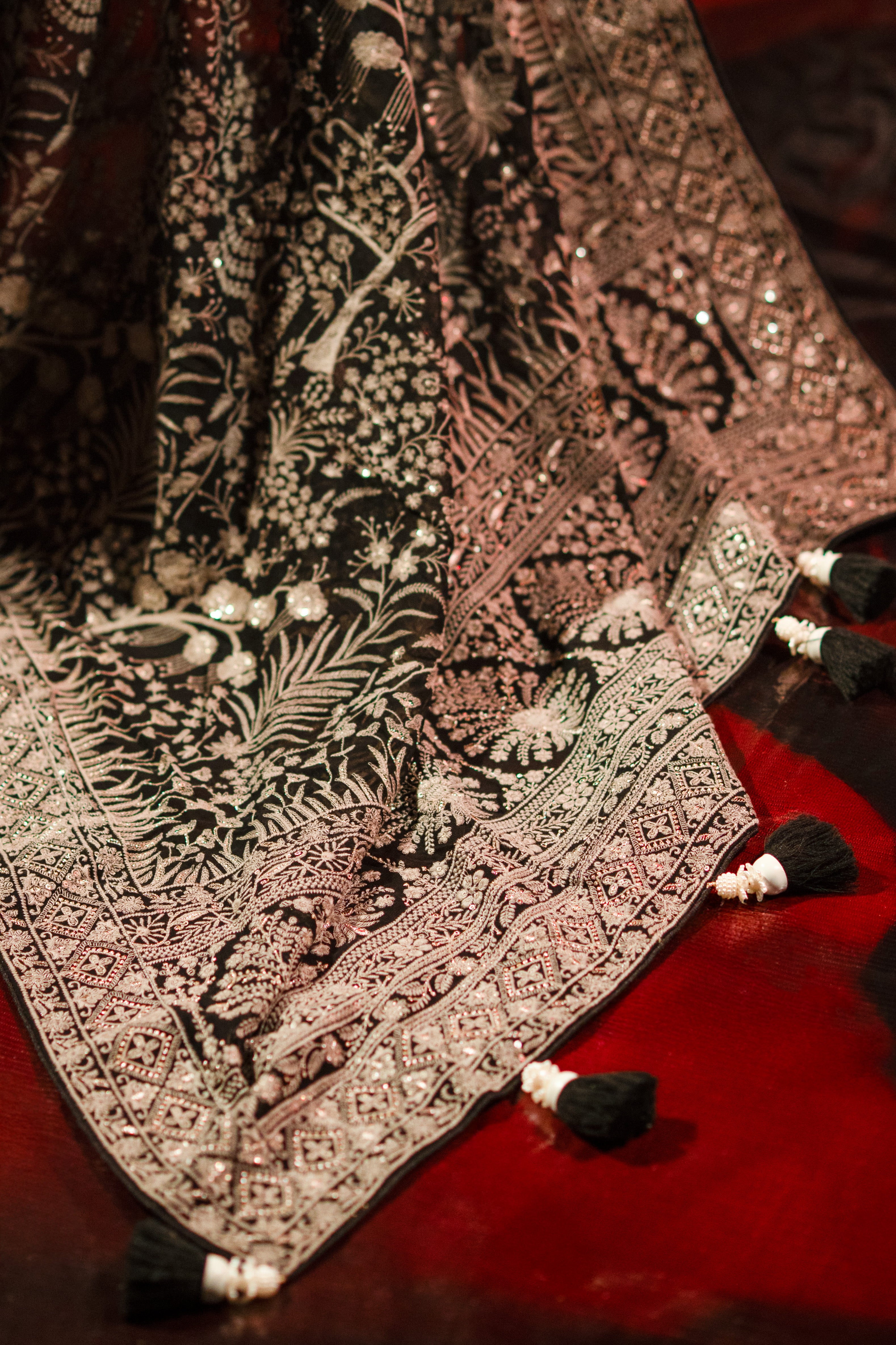Black Lucknowi Georgette Saree with Beautiful Tassels and Zari Work