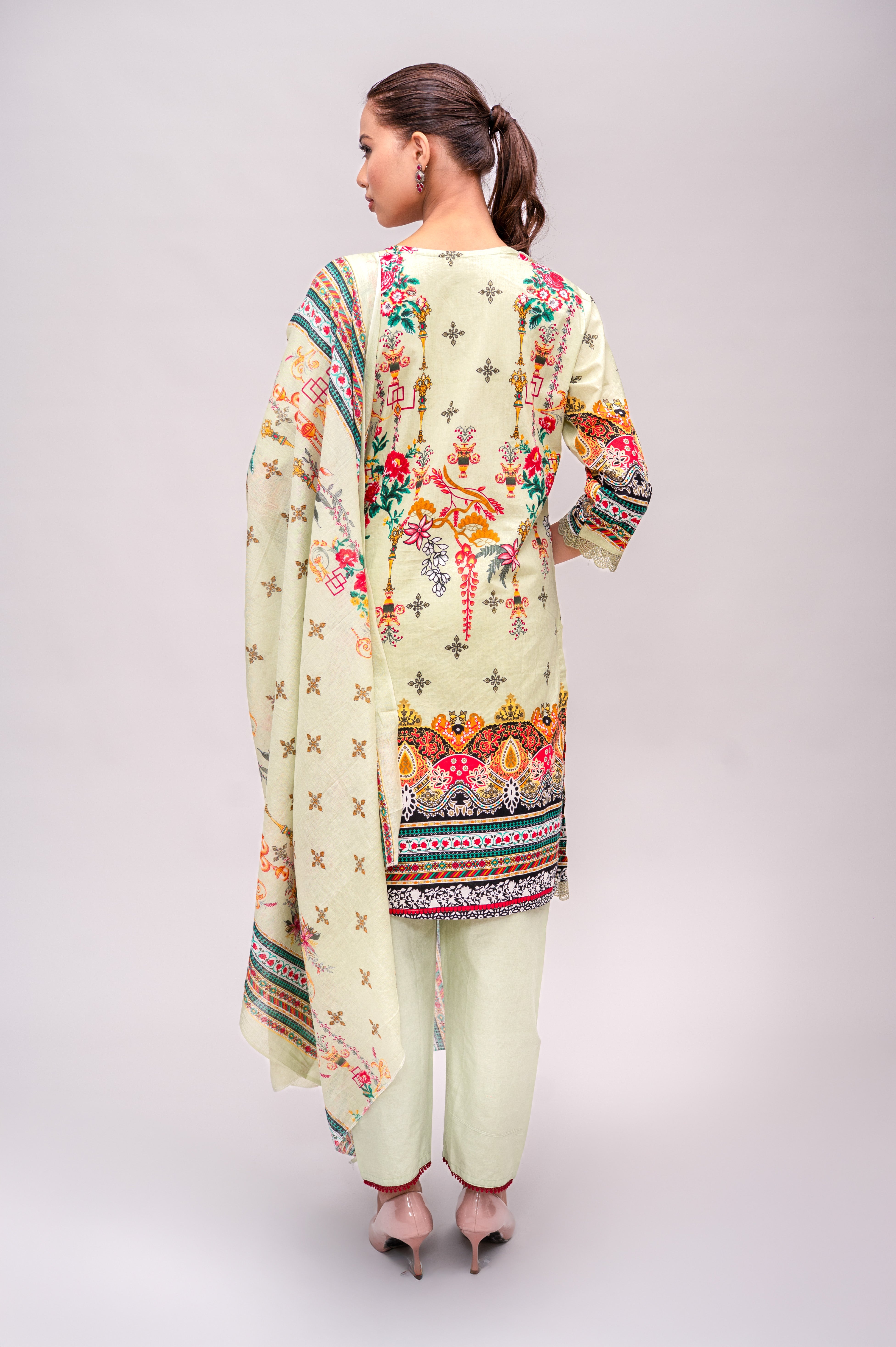 Pastel Green Cotton Suit with Embroidery with a Malmal Printed Dupatta