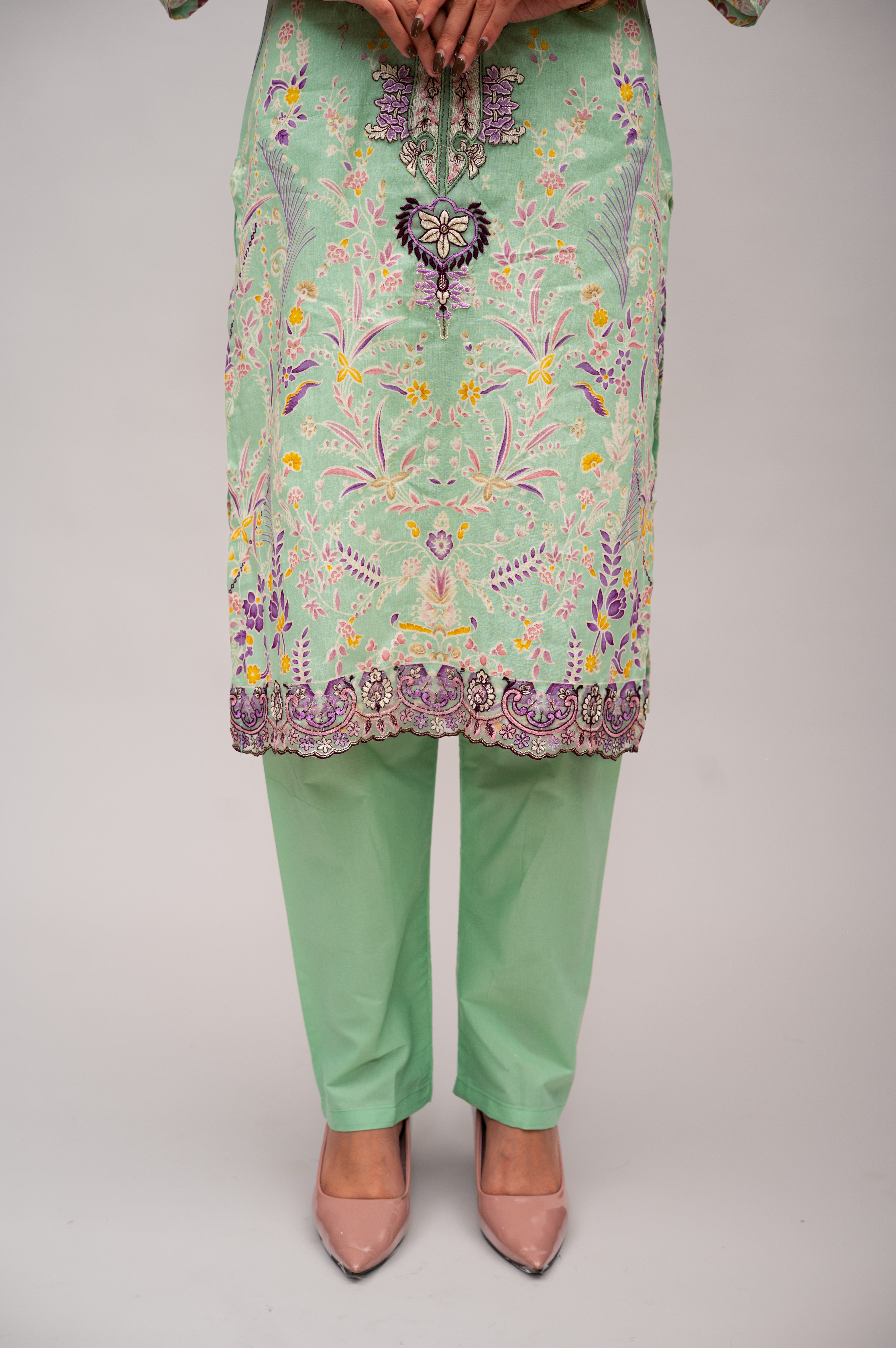 Green Cotton Lawn Suit with Embroidery with a Malmal Printed Dupatta