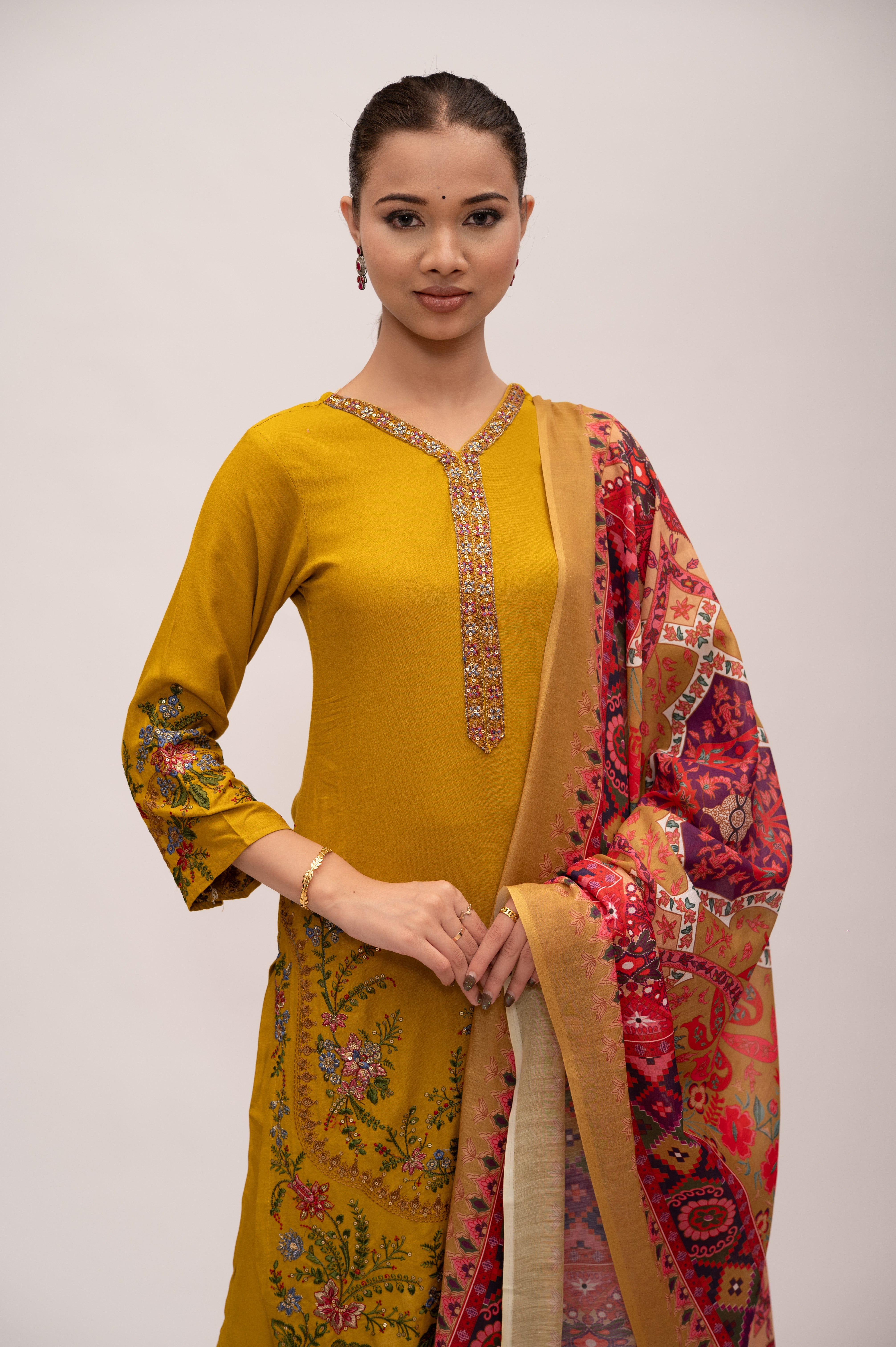 Marigold Yellow Cotton Suit with Embroidery with a Malmal Printed Dupatta