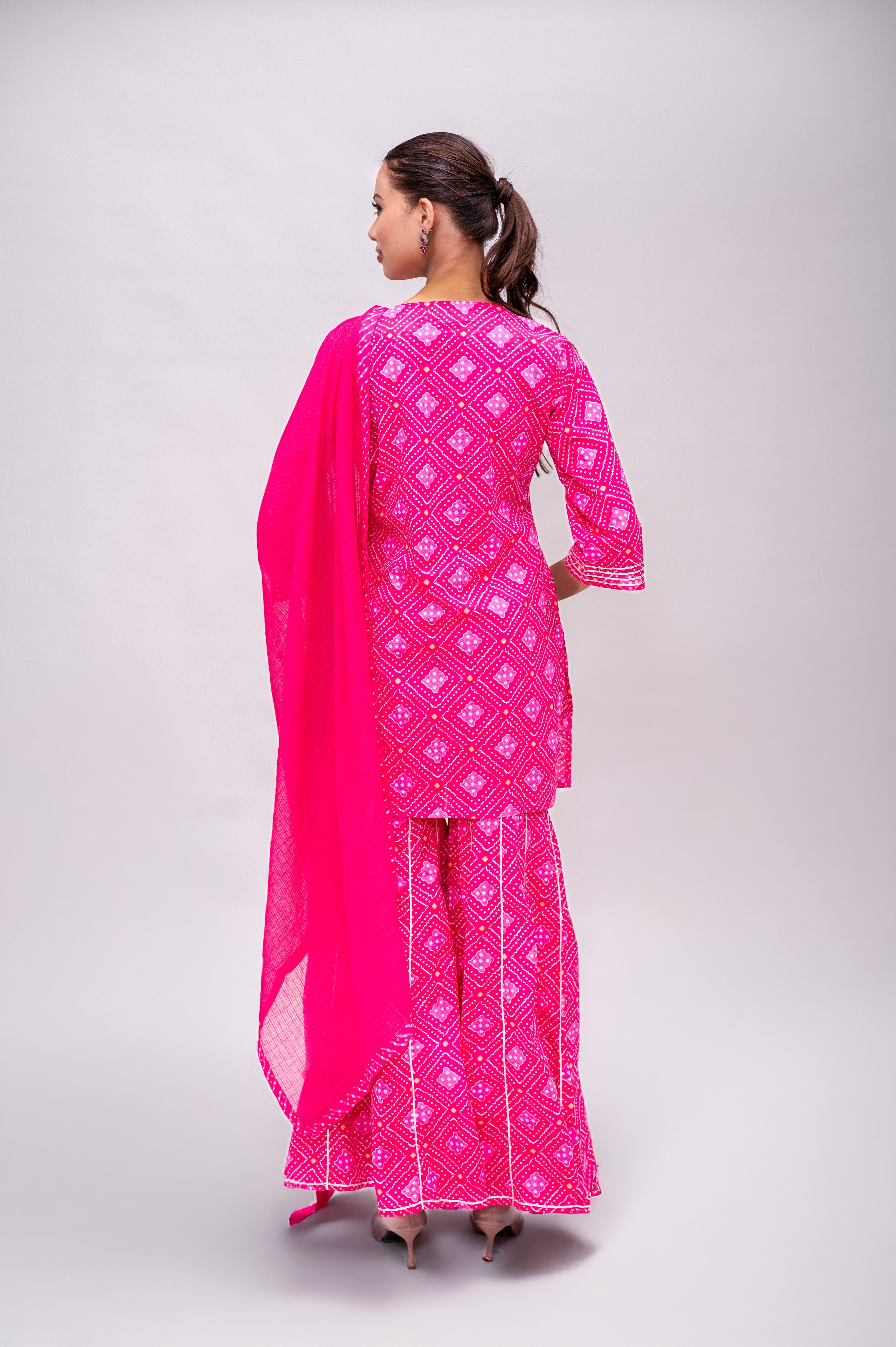Fuchsia Pink Mal Cotton Bandhani Print Sharara Suit with Mirror Embroidery