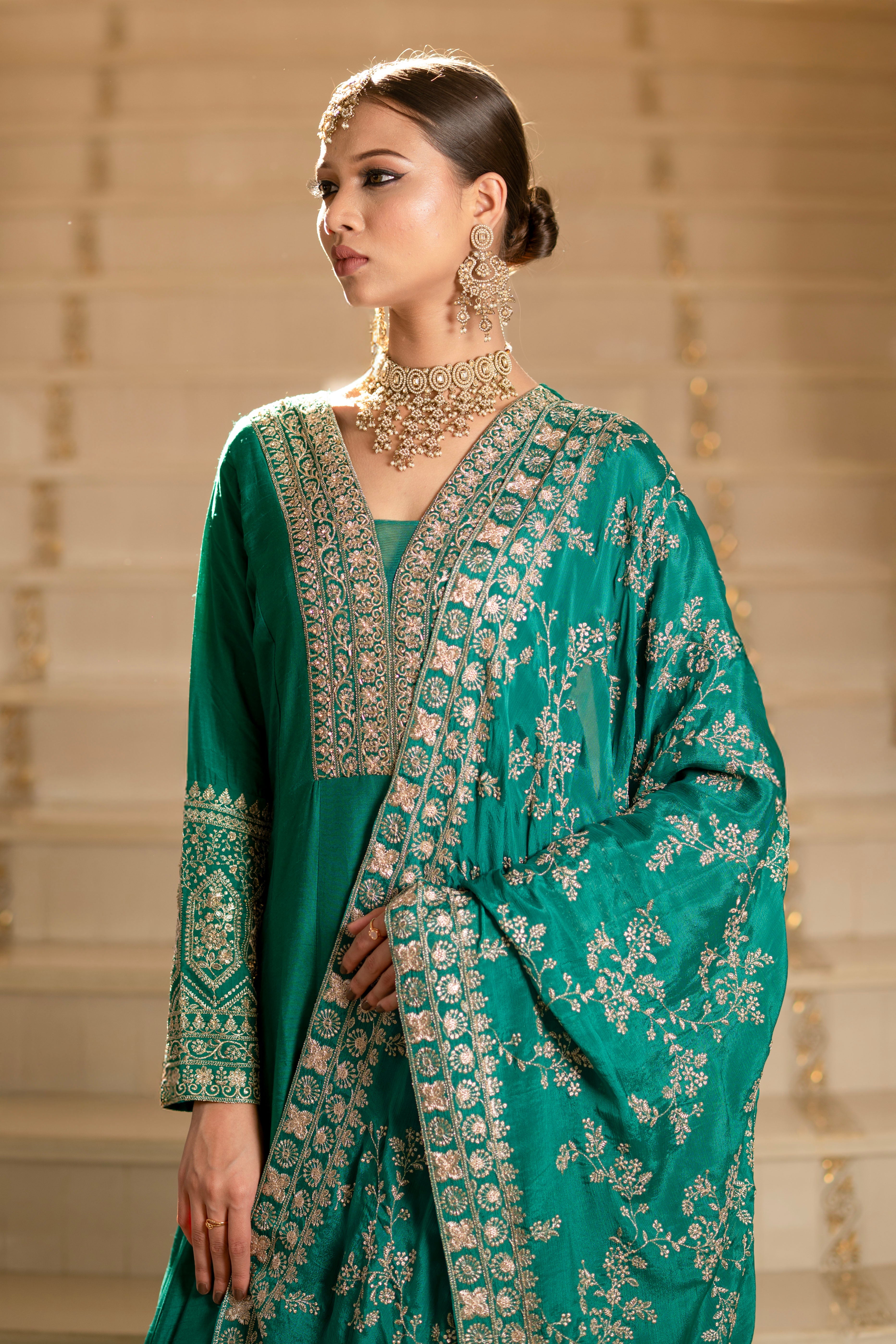 Teal Green Viscose Silk Zari Embroidered Floor Length Anarkali Set