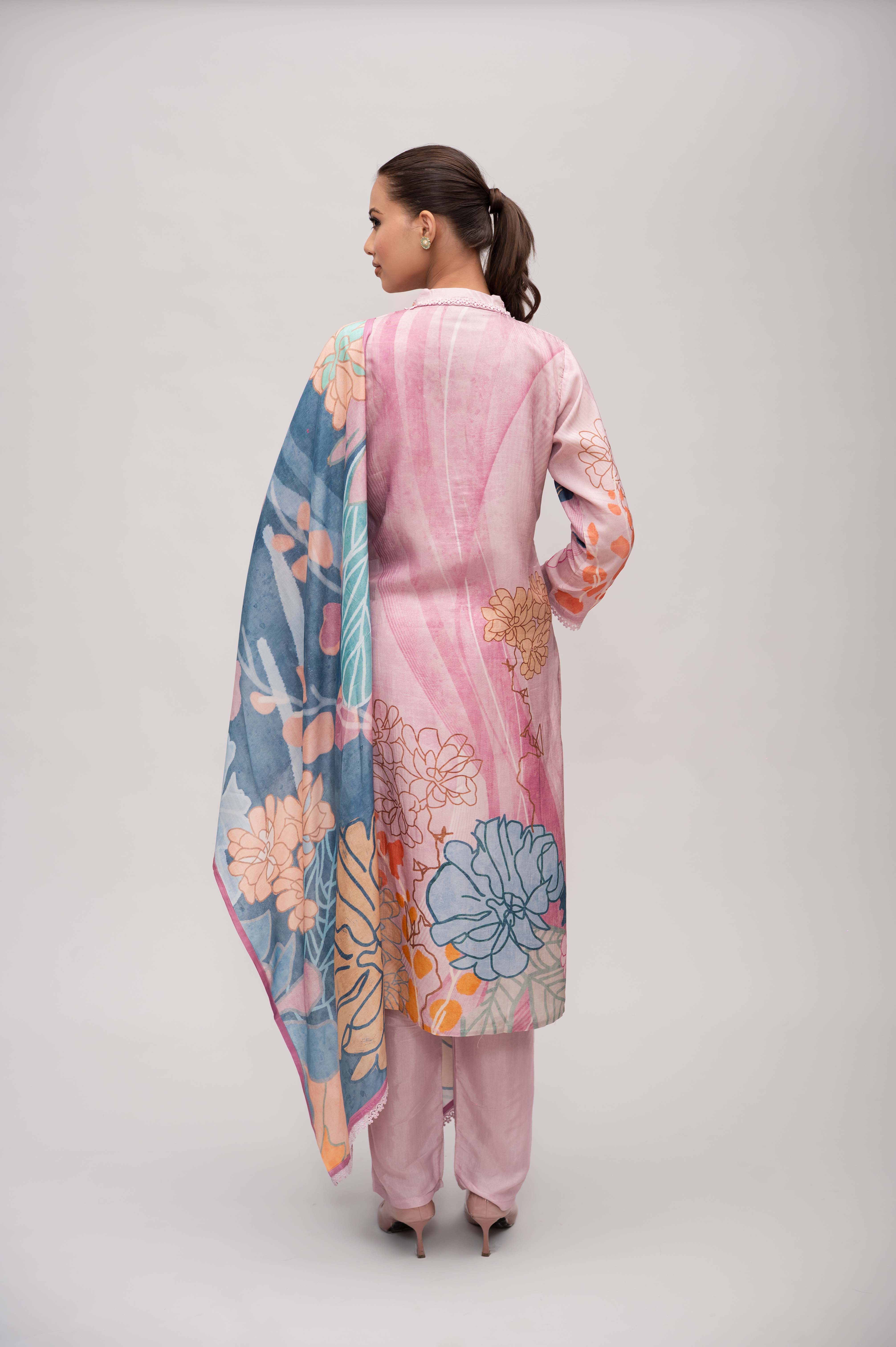 Pastel Pink Linen Cotton Suit with Pant and Dupatta – Lace and Mirror Embroidery