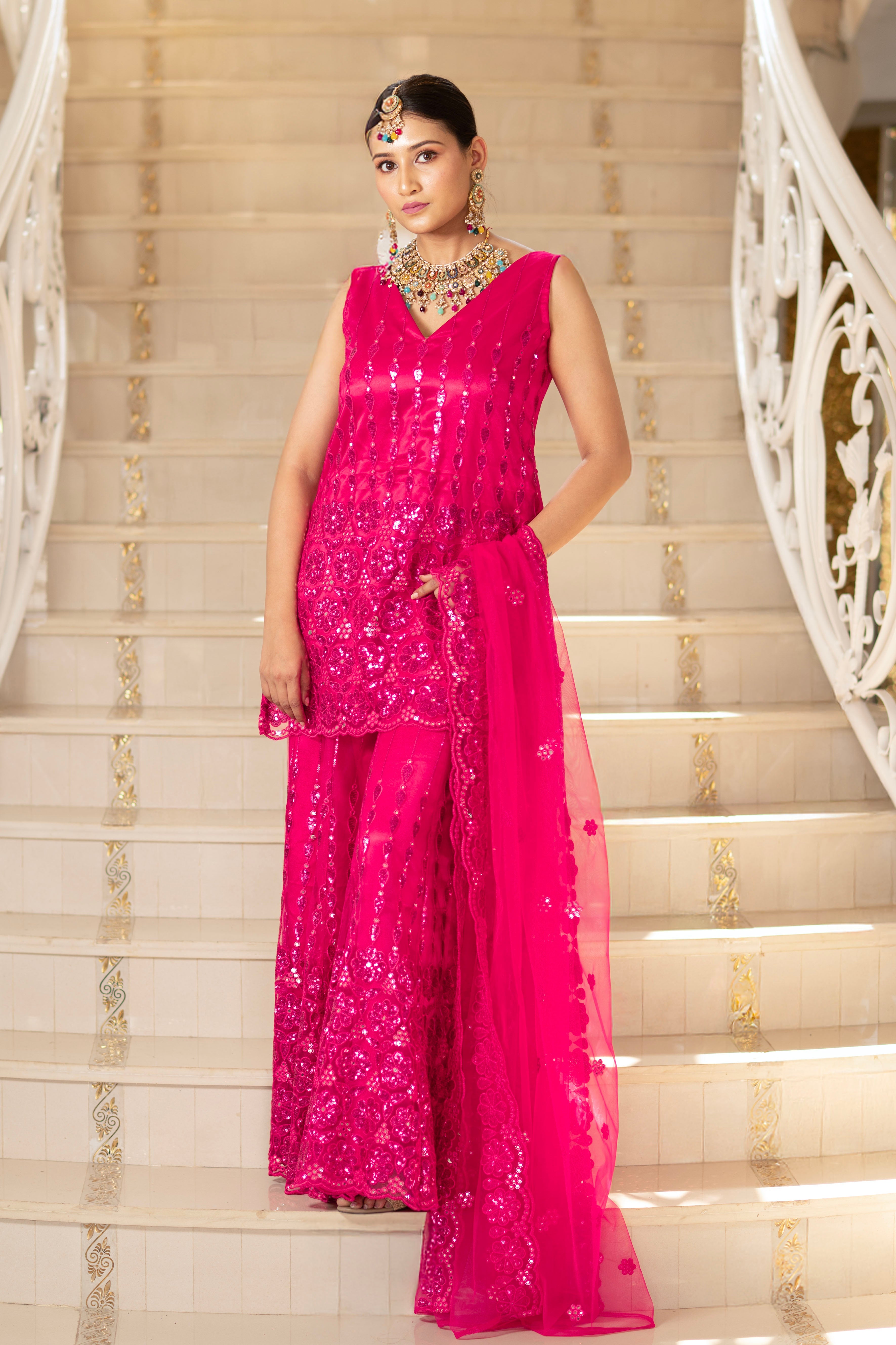 Fuchsia Pink Super Net Sleeveless Kurta with Flared Palazzo Set