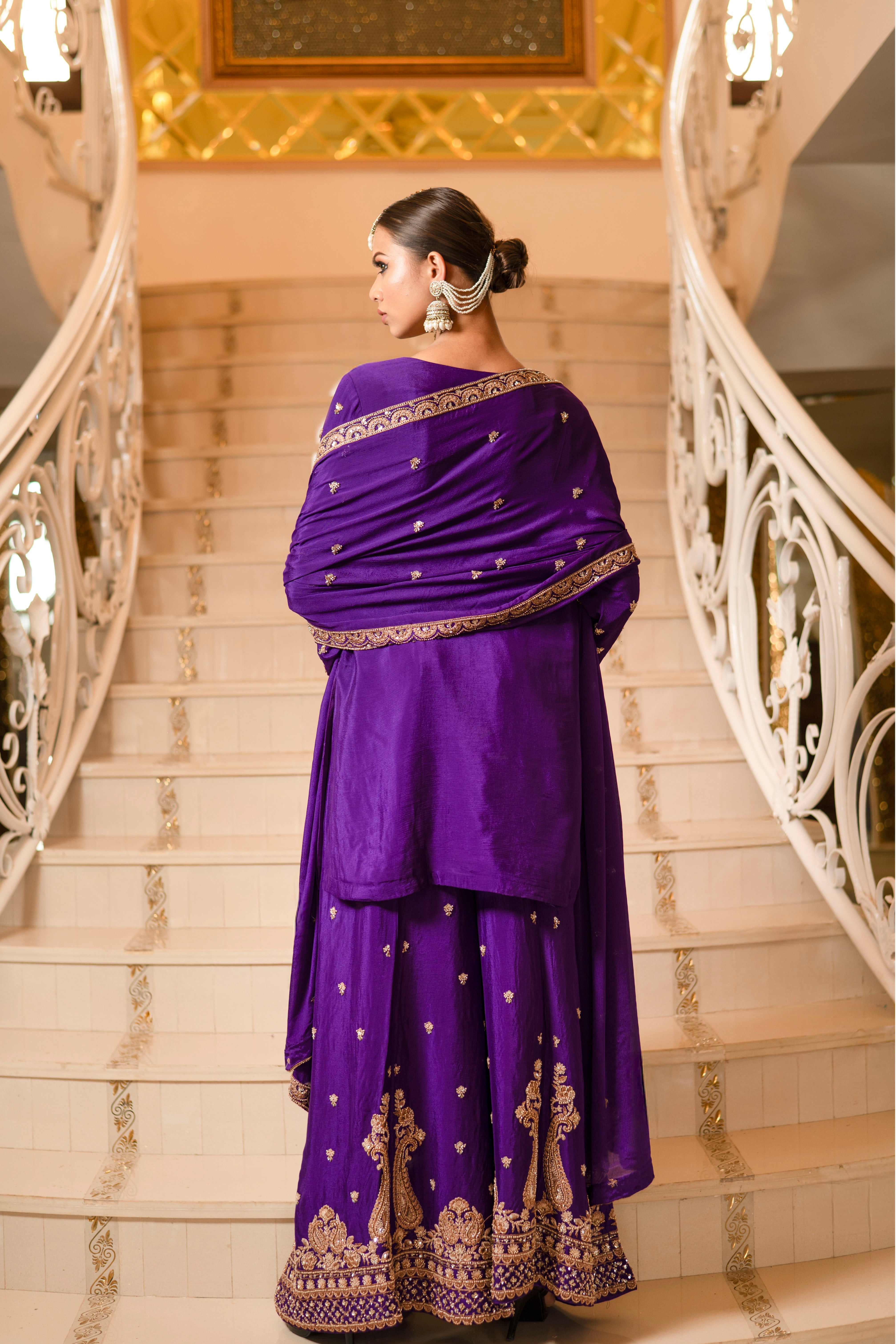 Purple Viscose Silk Detailed Heavy Embroidered Sharara Set
