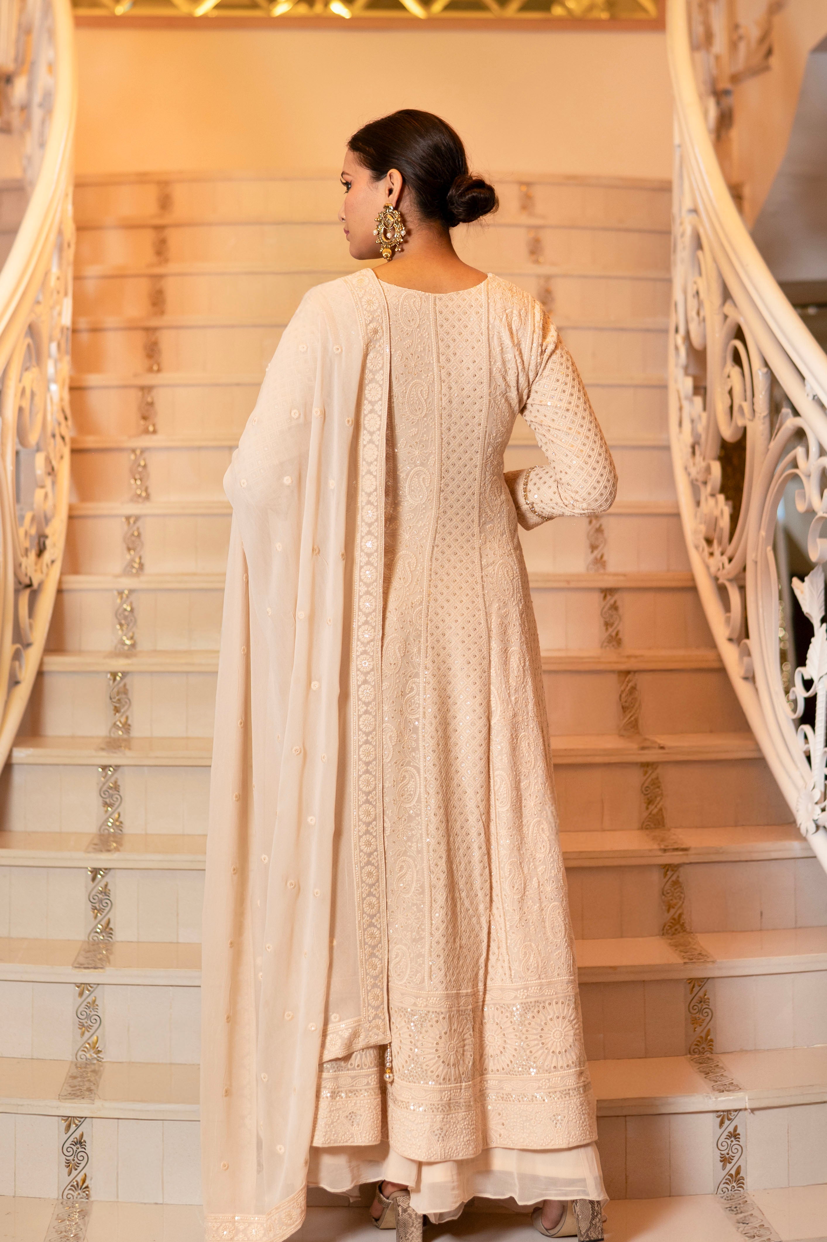 Ivory Cream Lucknowi Anarkali Kurta and Palazzo Sets
