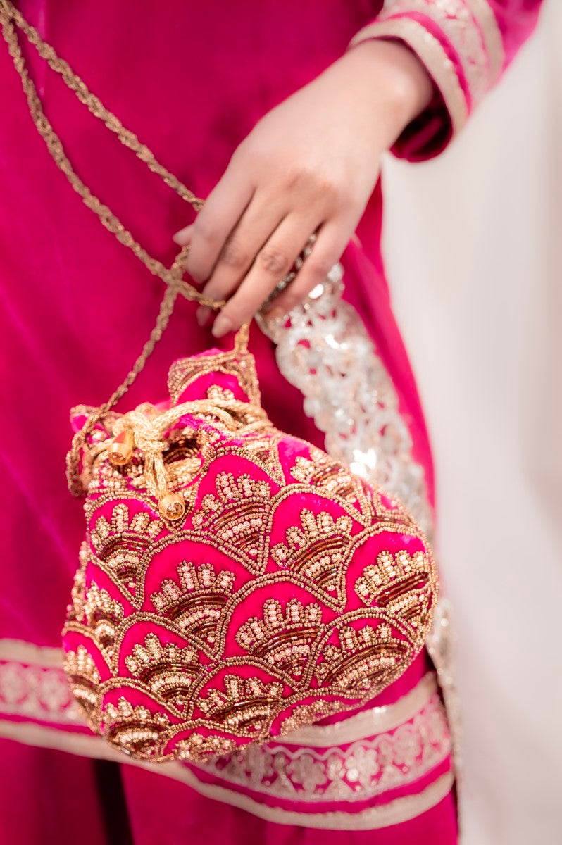 Rani Pink Potli with Beautiful Pipe and Bead Sequin Design