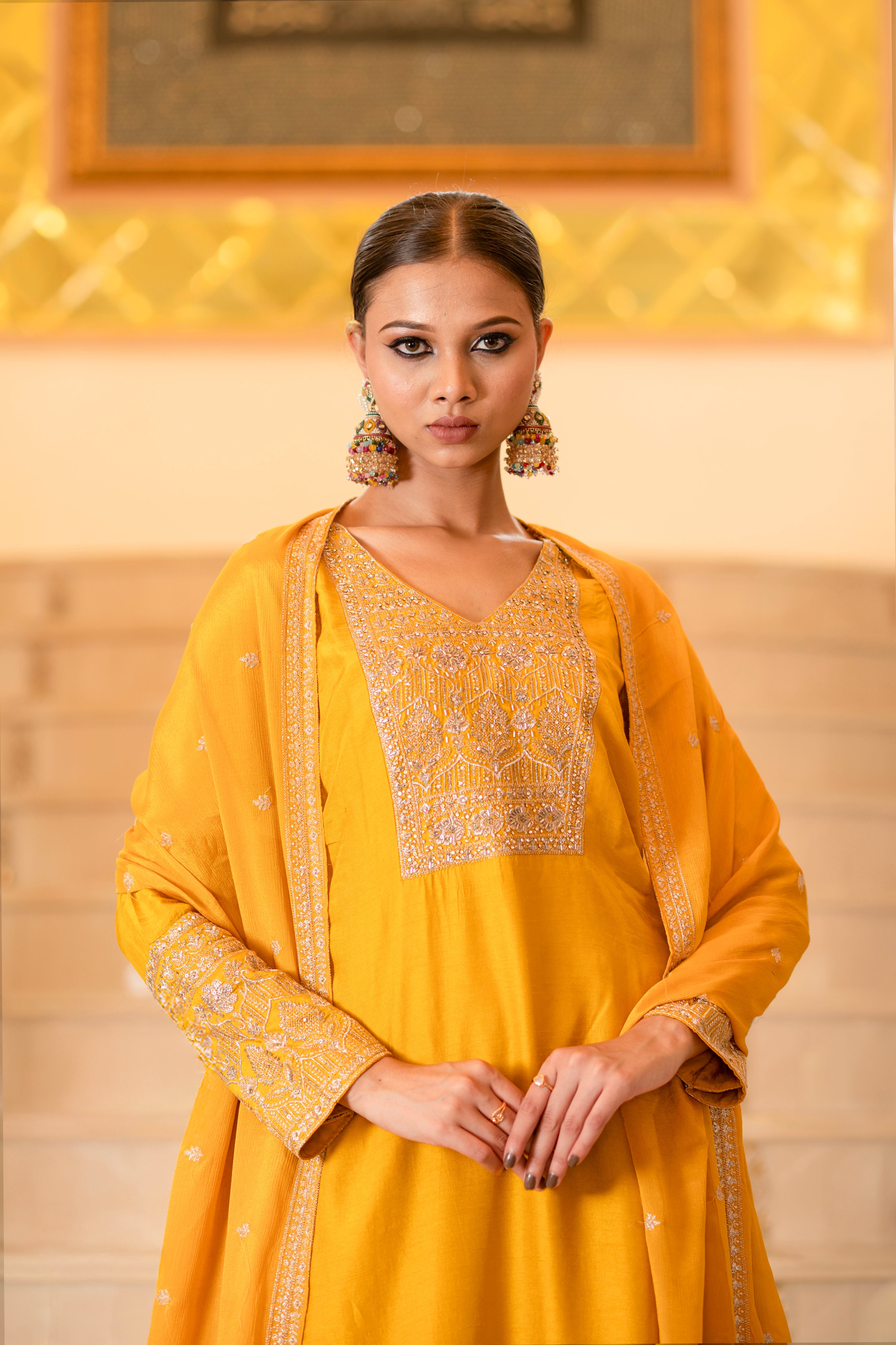 Yellow Viscose Silk Embroidered Kurta with Flared Palazzo Set