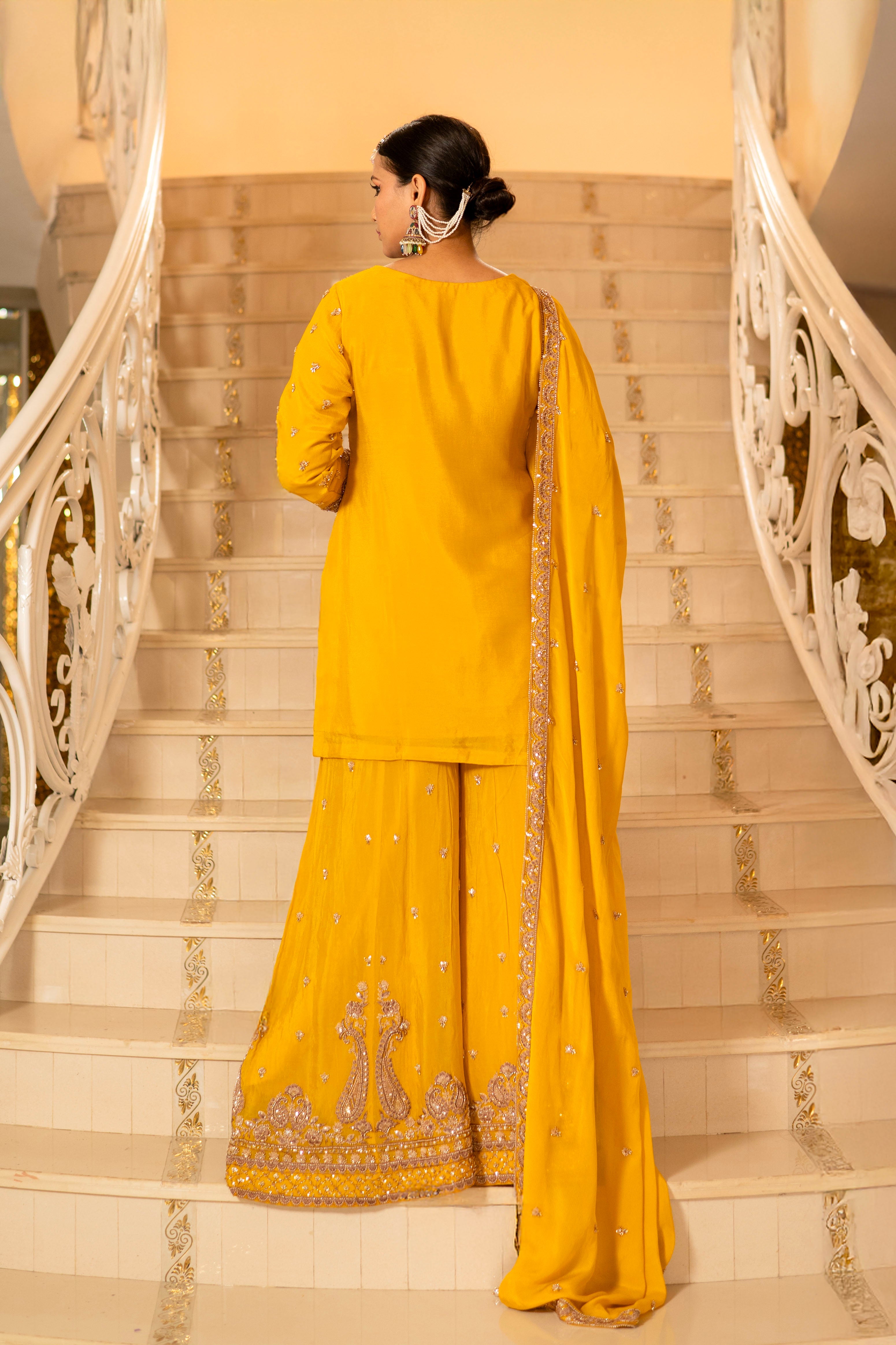 Yellow Viscose Silk Detailed Heavy Embroidered Sharara Set