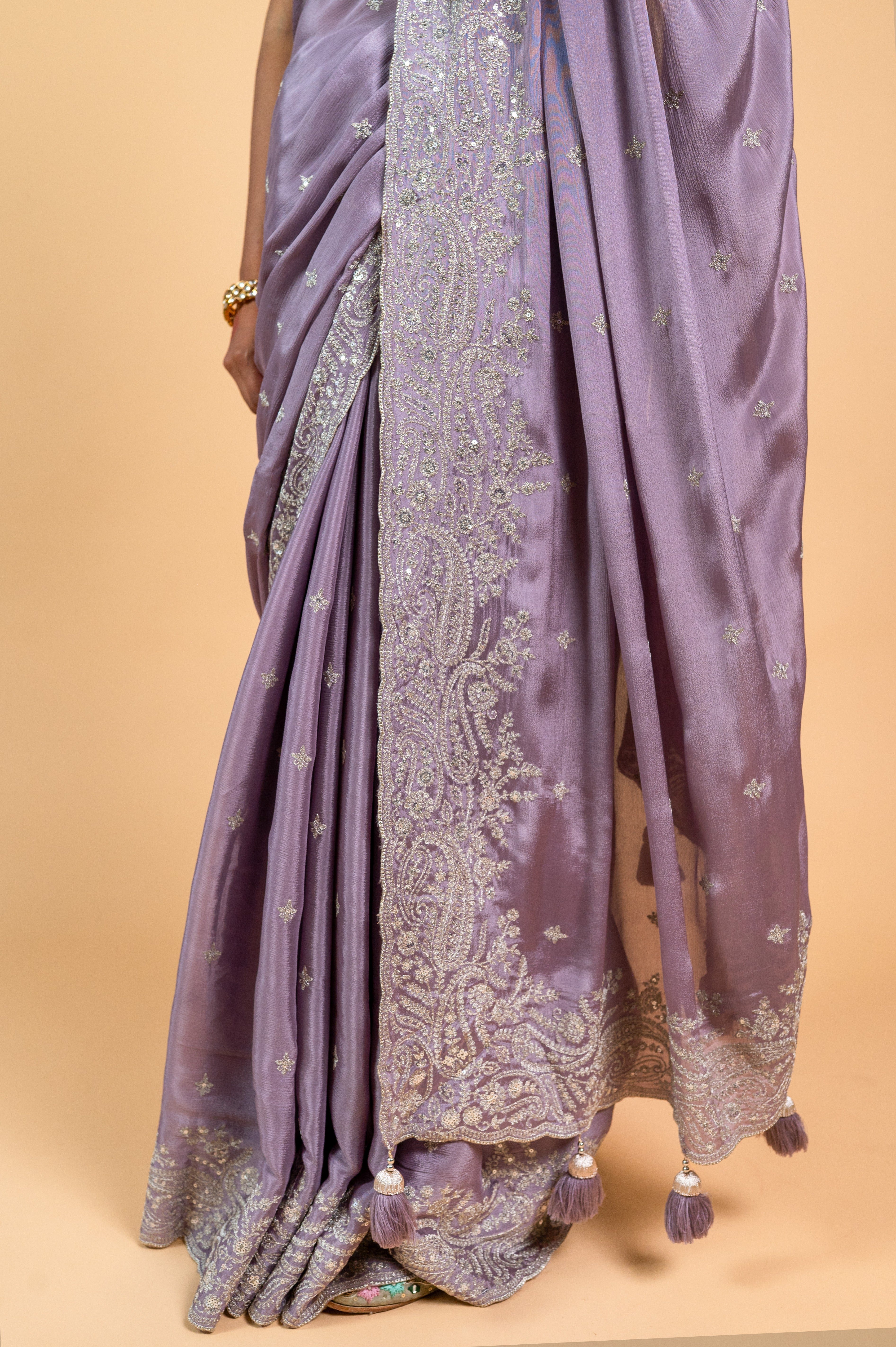 Two Blouse Concept – Lavender Purple Crepe Silk Saree with Sequin and Zari Work