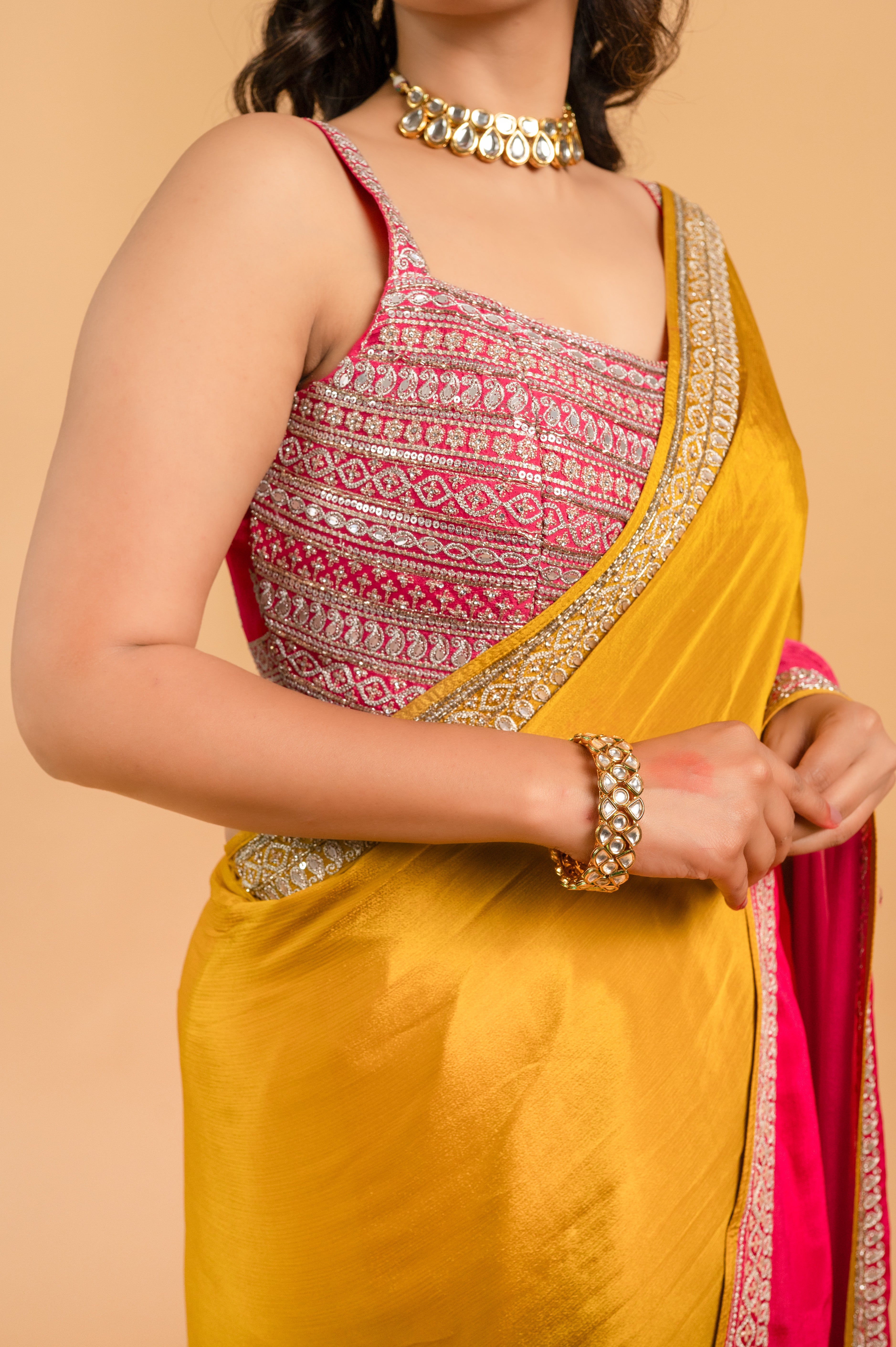 Two Blouse Concept – Yellow-Pink Tween shade Georgette Saree with Sequin Border Work