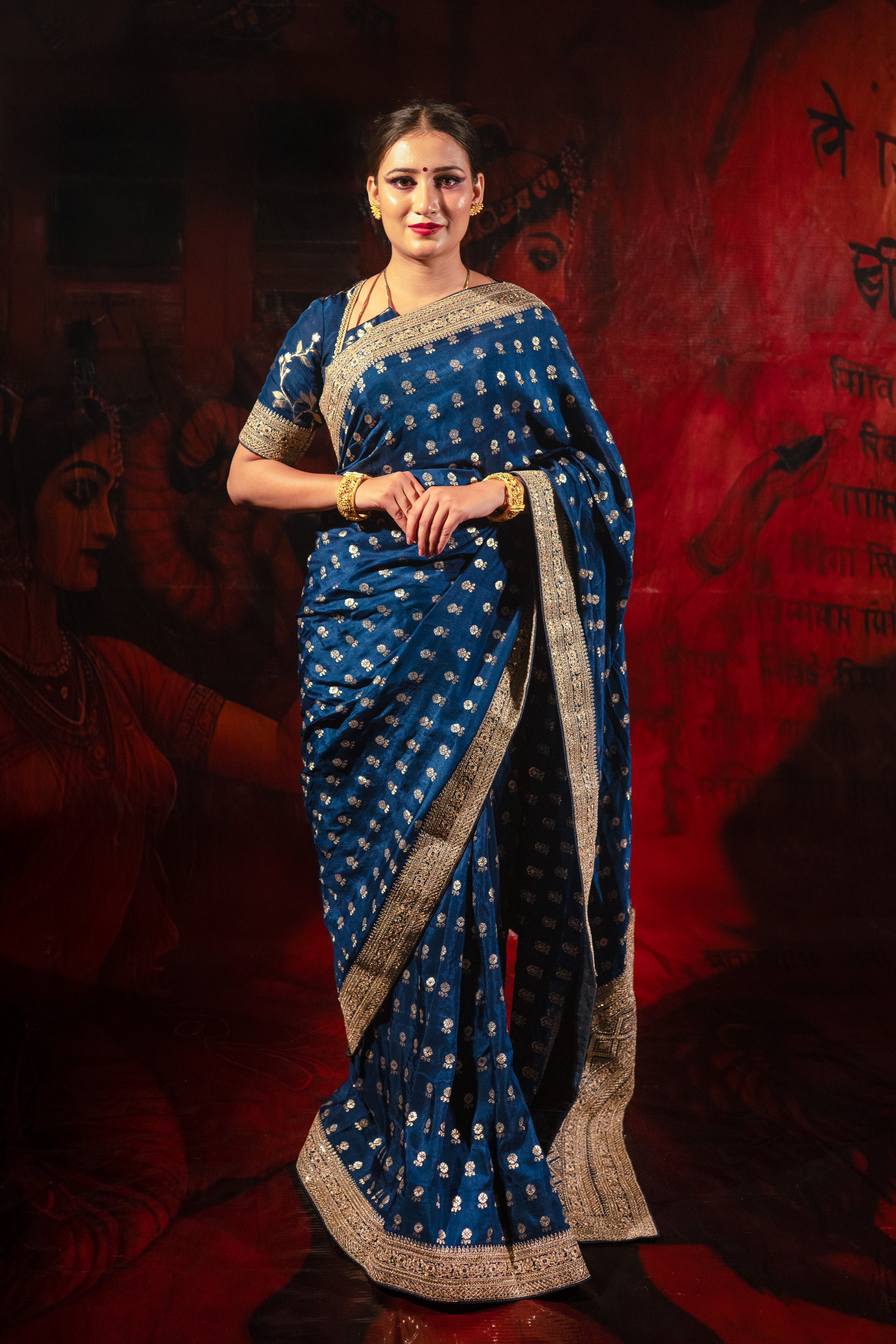 Dark Blue Silk Saree with Golden Buti Work and Rich Zari Border