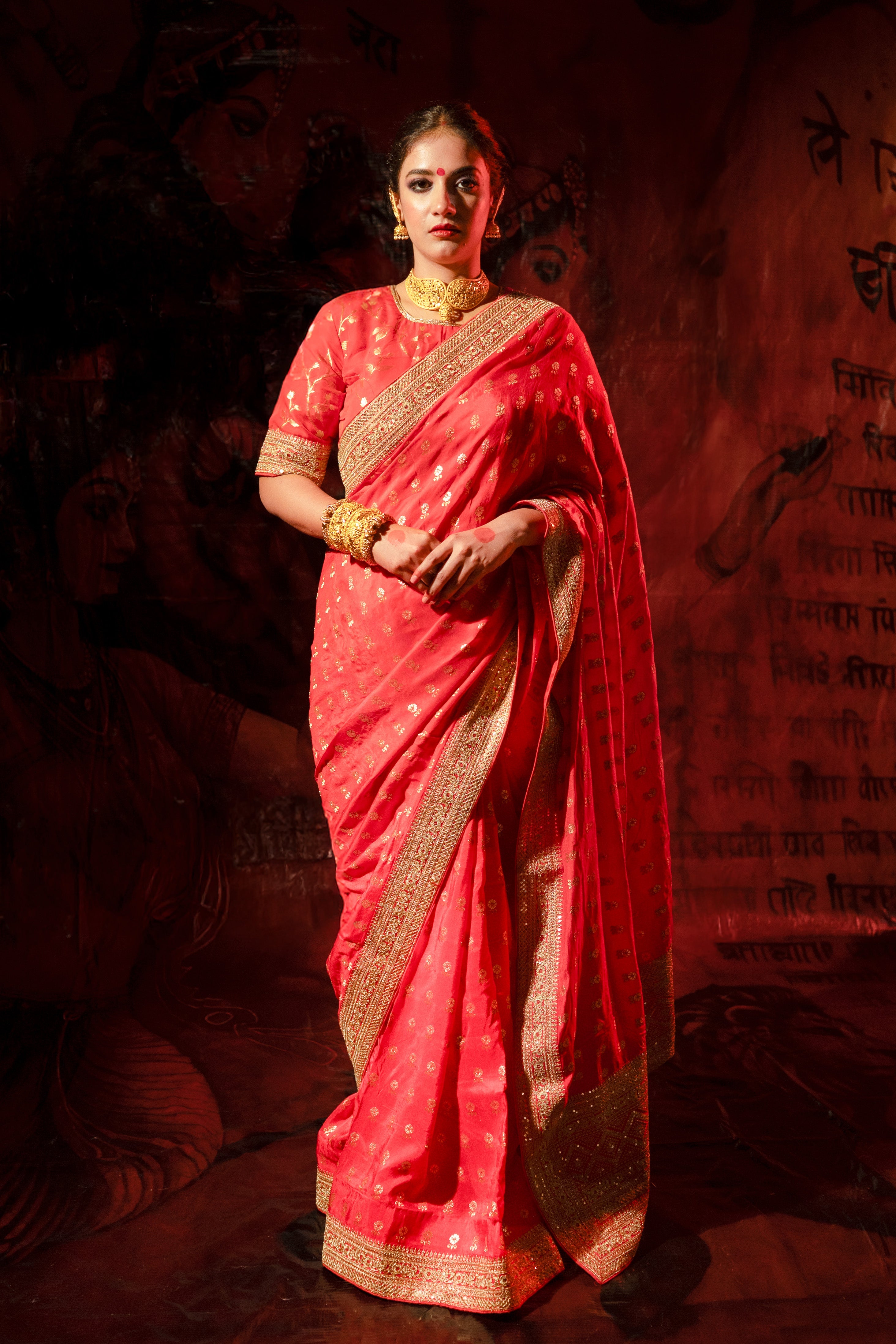 Red Silk Saree with Golden Buti Work and Rich Zari Border