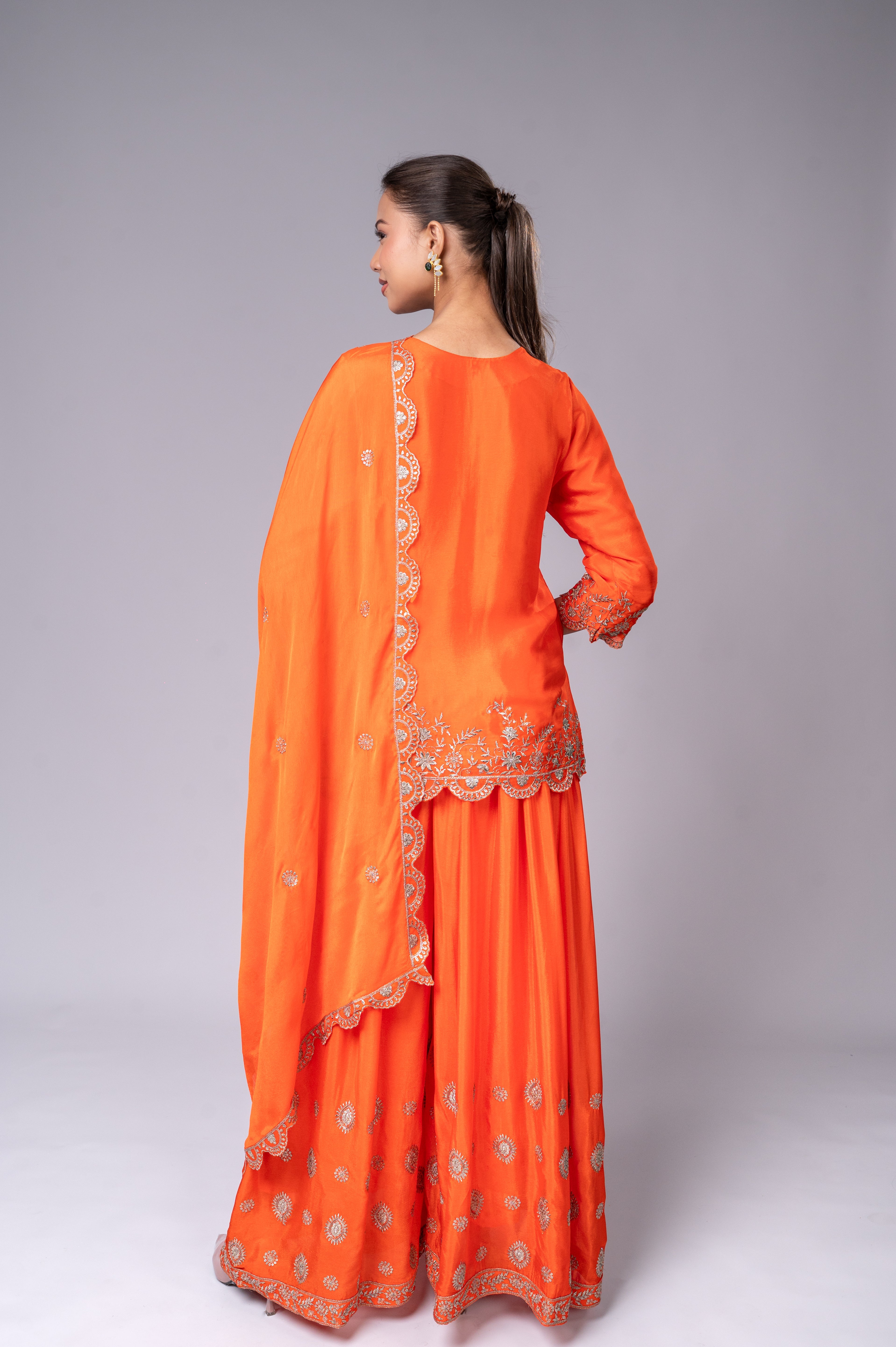 Orange Crepe Kurta Sharara Set with Golden Zari Embroidery