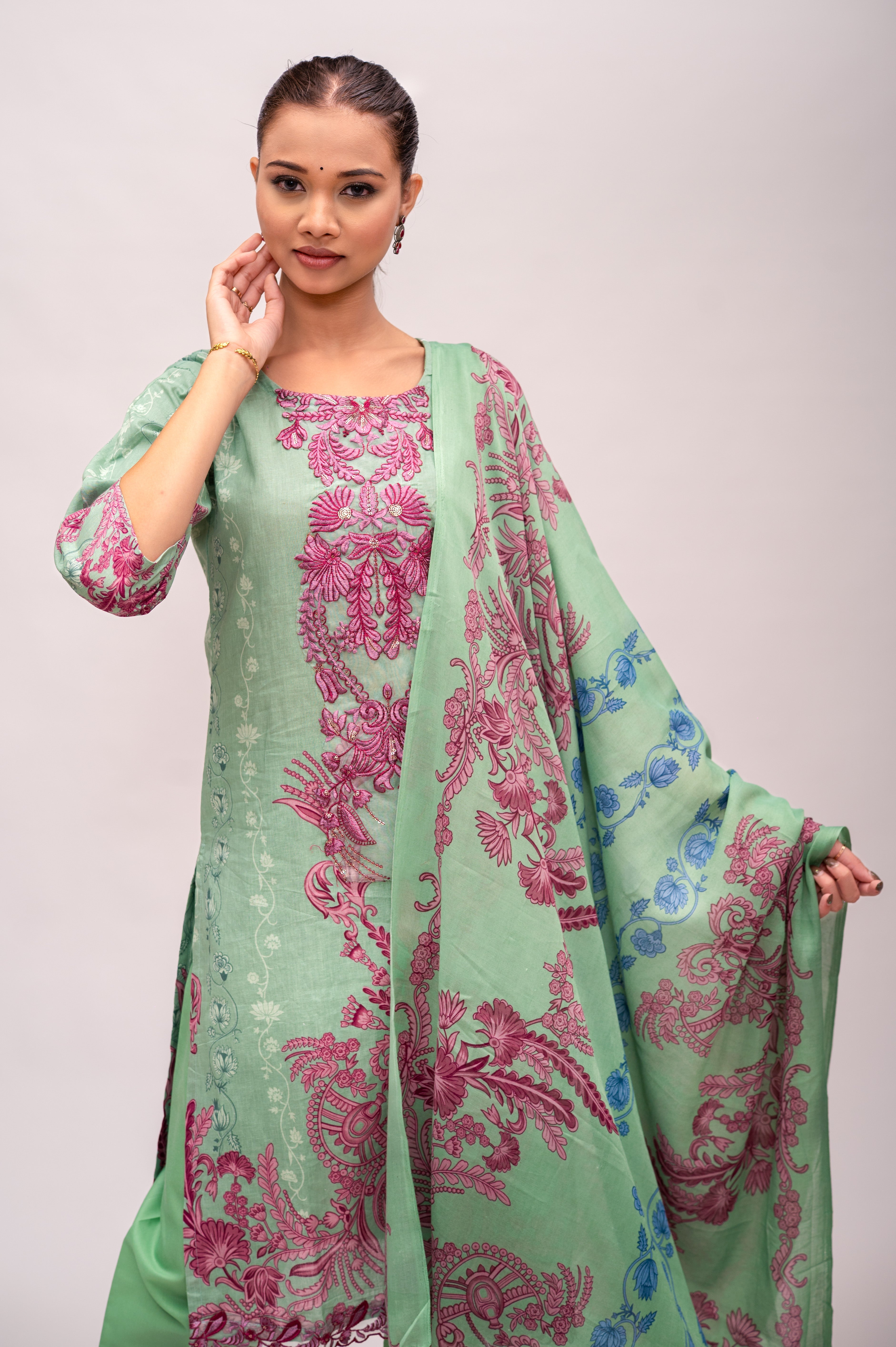 Pastel Green Lawn Cotton Suit with Plain Bottom and Printed Dupatta