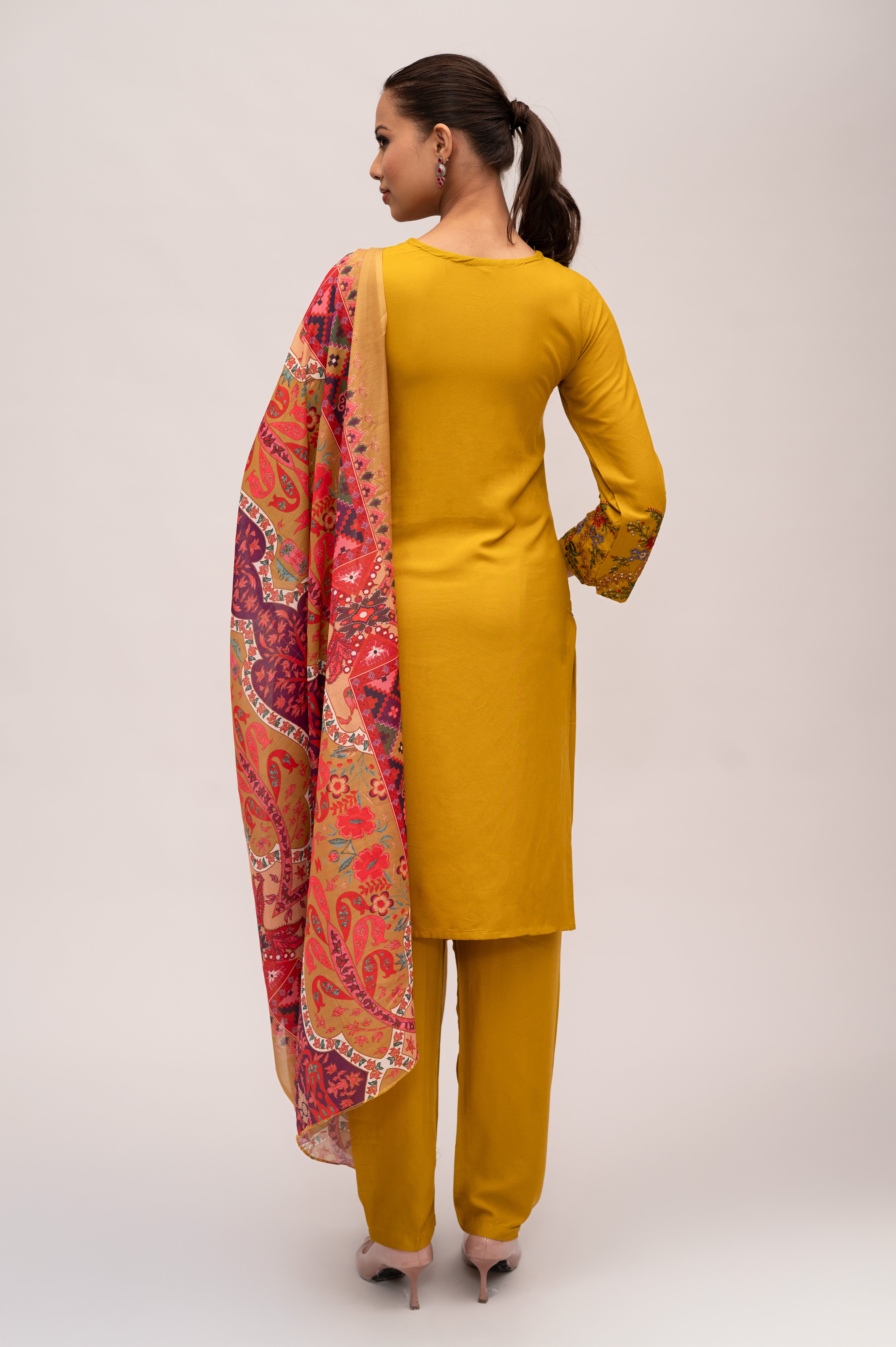 Marigold Yellow Cotton Suit with Embroidery with a Malmal Printed Dupatta