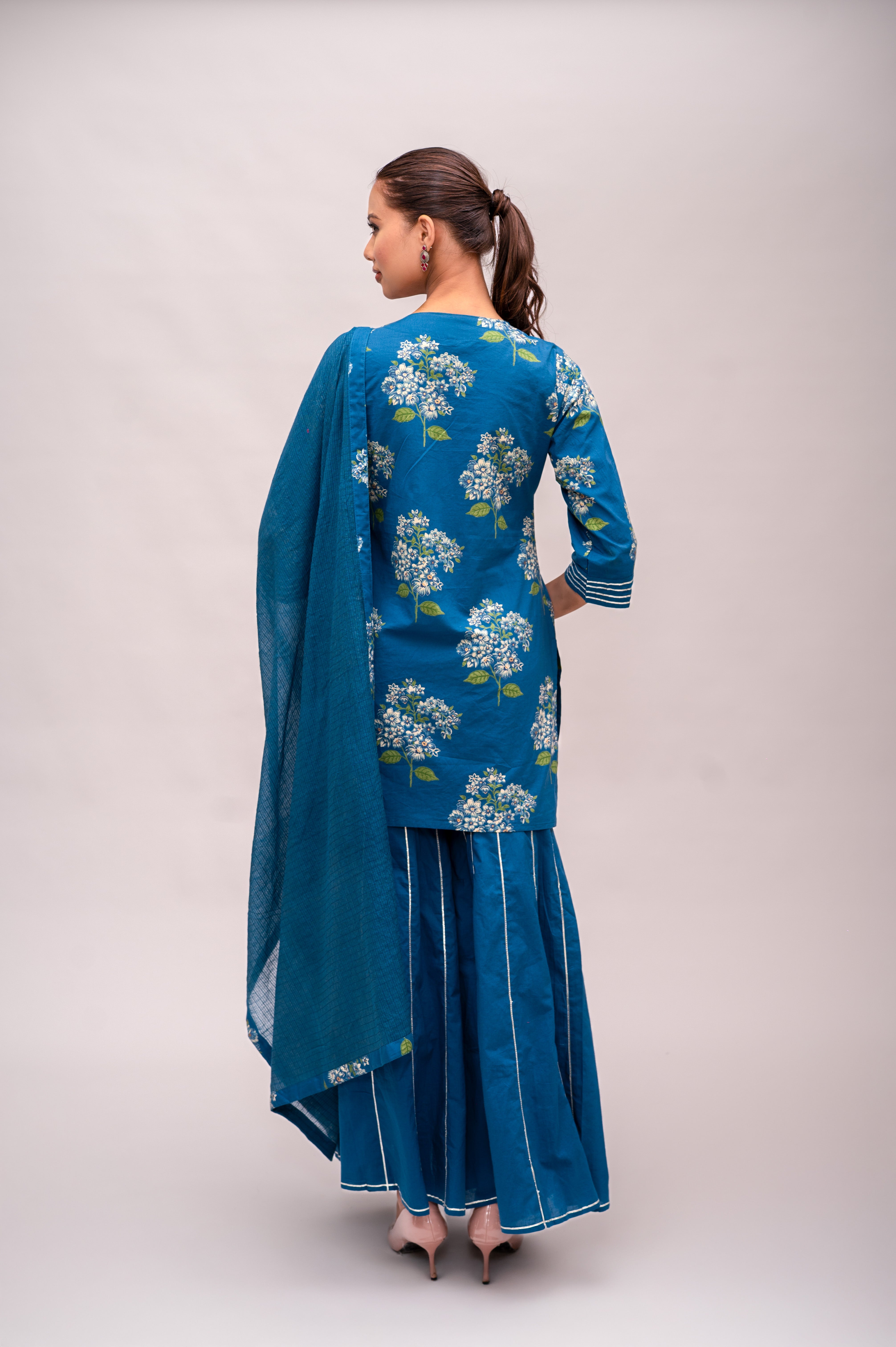 Navy Blue Mal Cotton Floral Print Sharara Suit with Mirror Embroidery