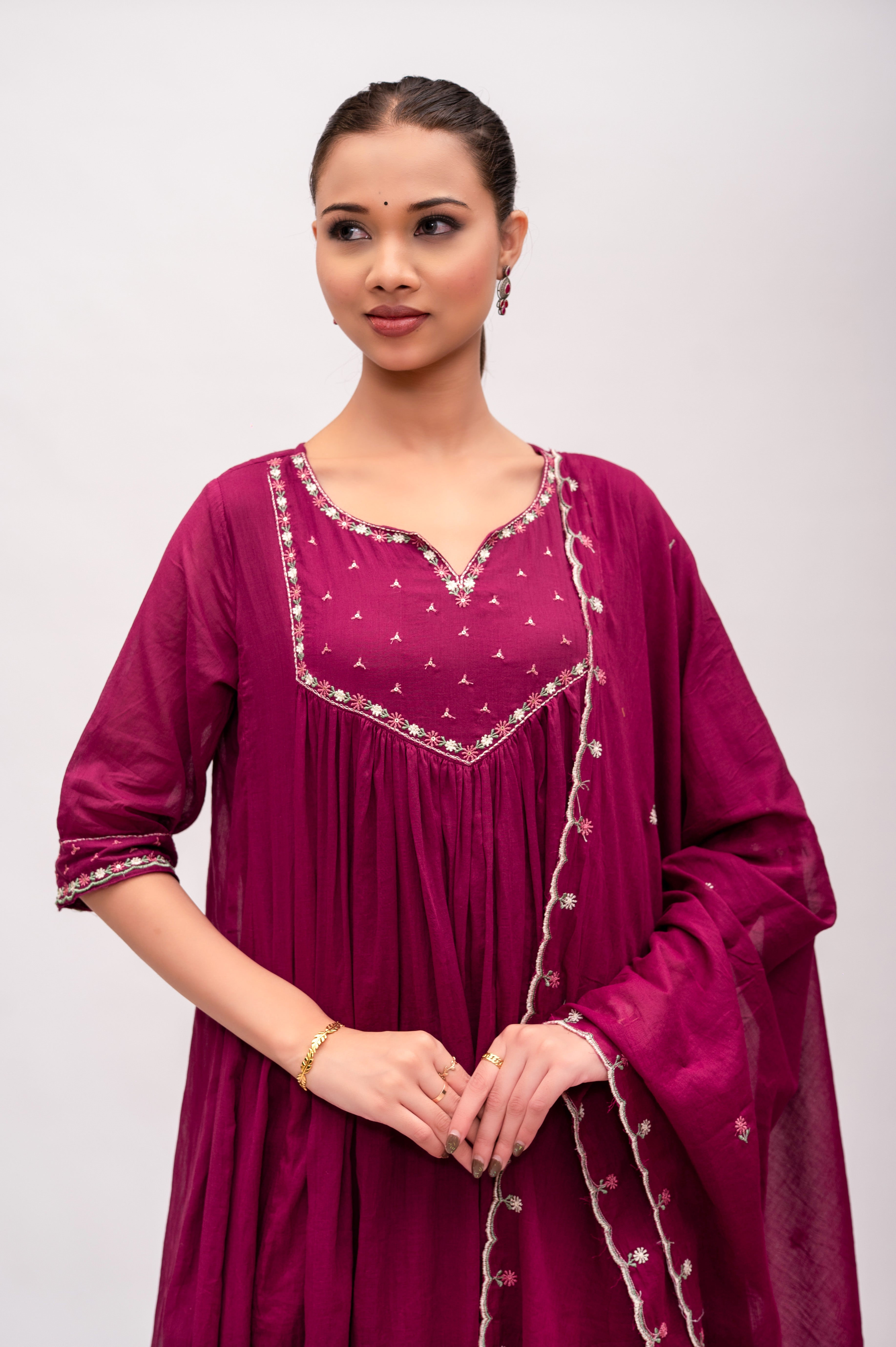 Wine Red Frock Suit with Pant & Dupatta With Thread Embroidery
