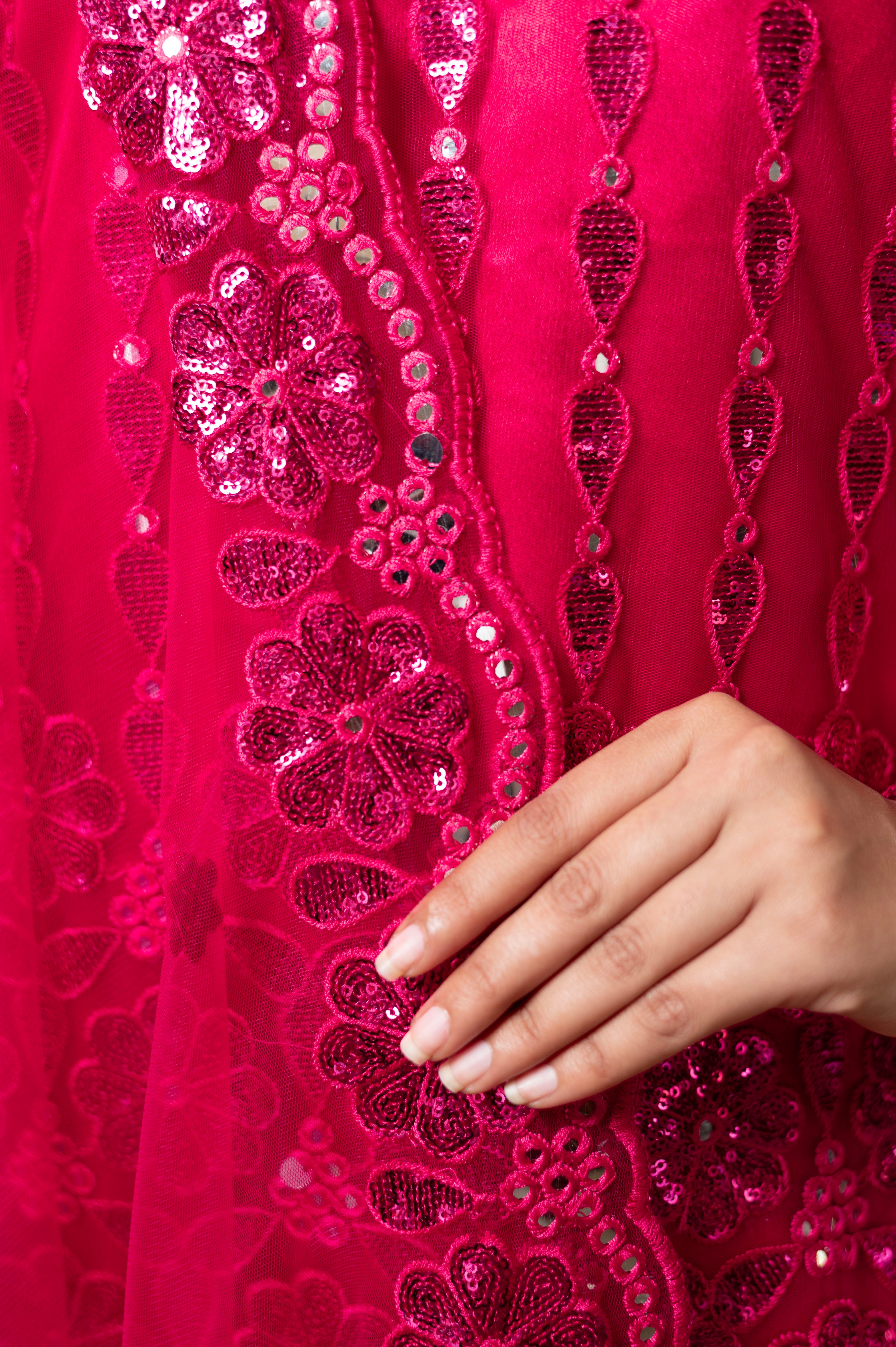 Fuchsia Pink Super Net Full Sleeve Kurta With Flared Palazzo Sets