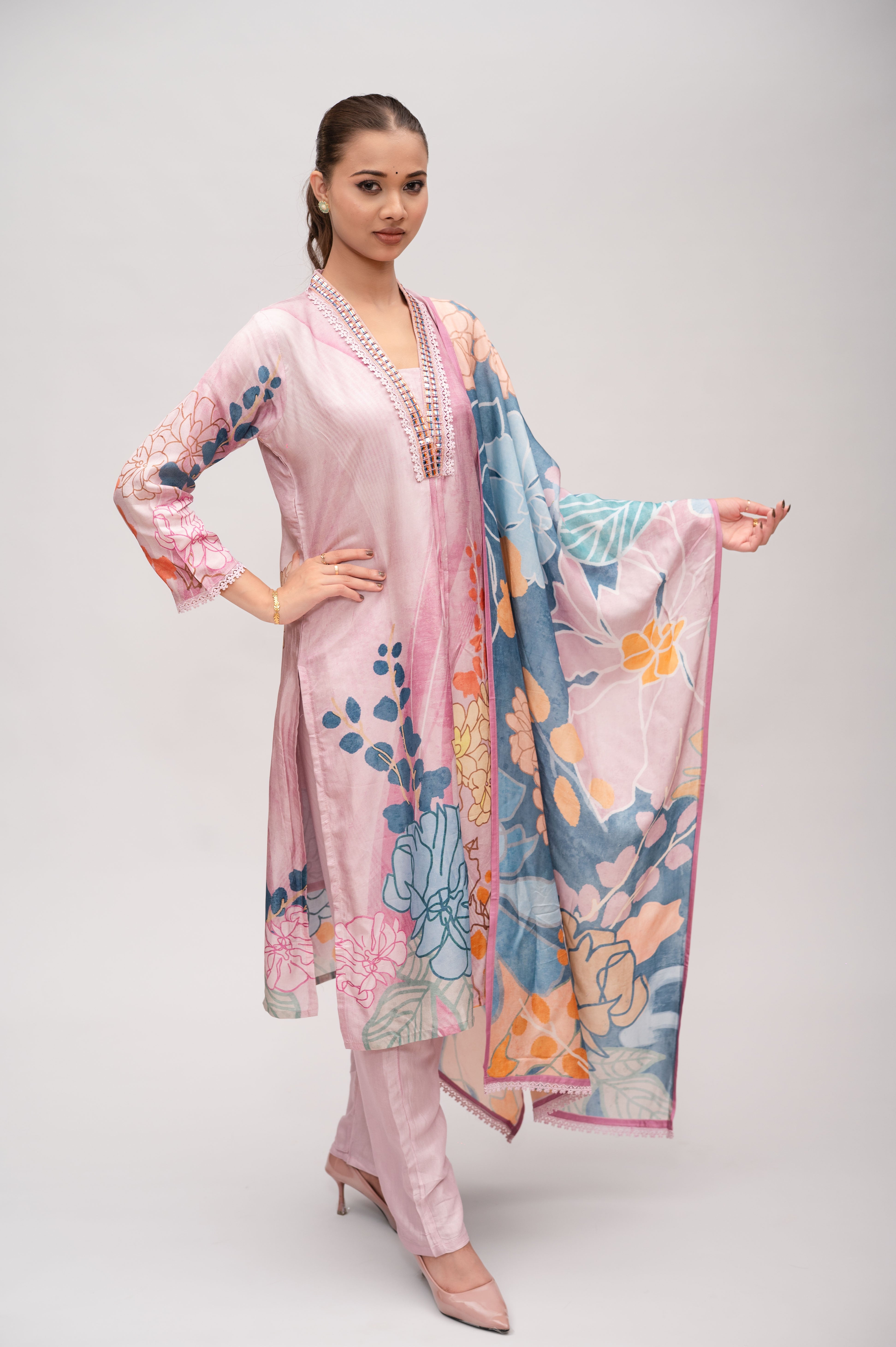 Pastel Pink Silk Suit with Pant and Dupatta – Lace and Mirror Embroidery