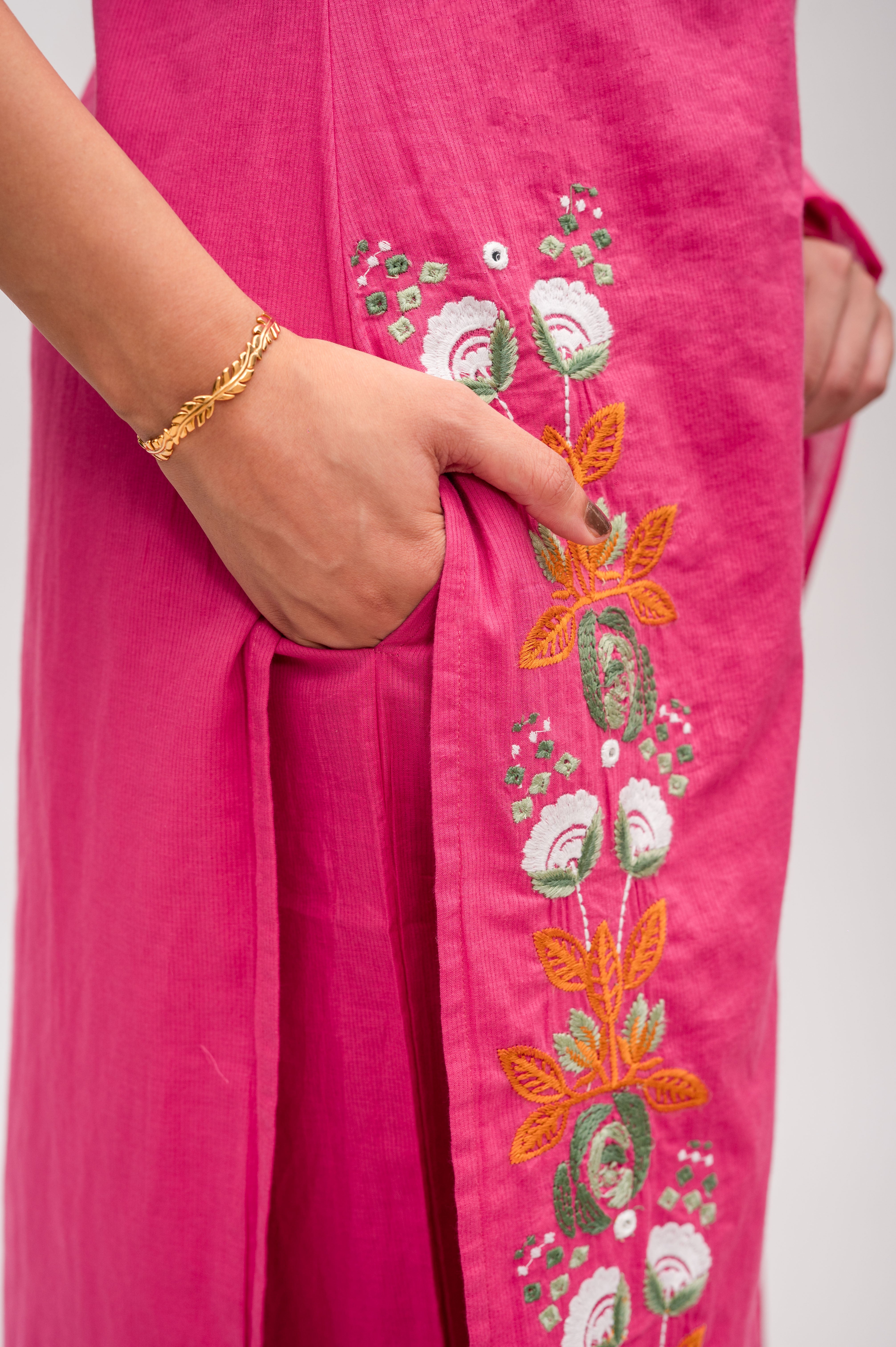 Fuchsia Pink Mal Cotton Straight Suit with Pant & Dupatta With Thread Embroidery and Mirror Work