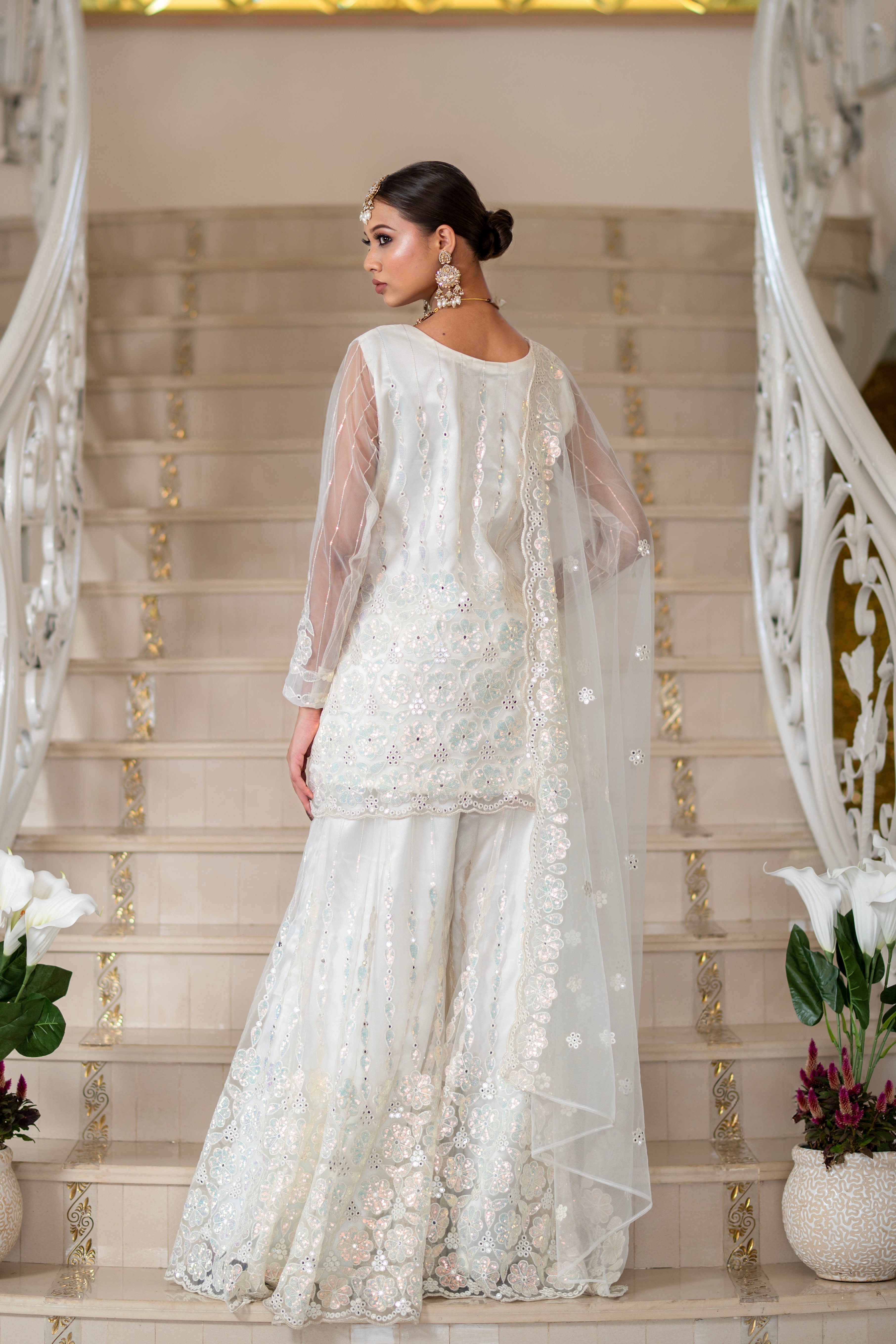 Ivory Pearl White Super Net Full Sleeve Kurta With Flared Palazzo Sets