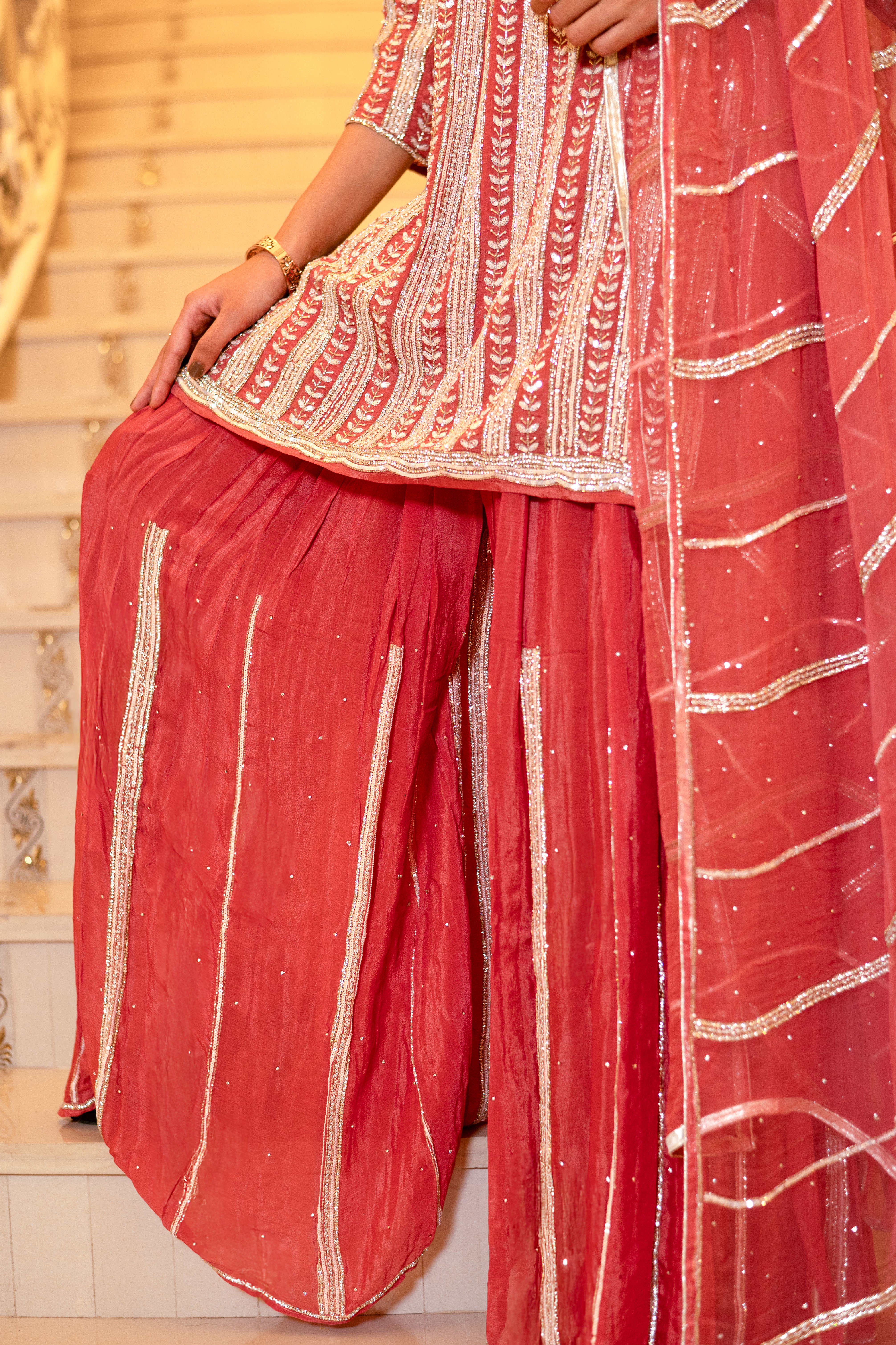 Rust Brown Georgette Handwork Zardozi Embroidered Sharara Suit