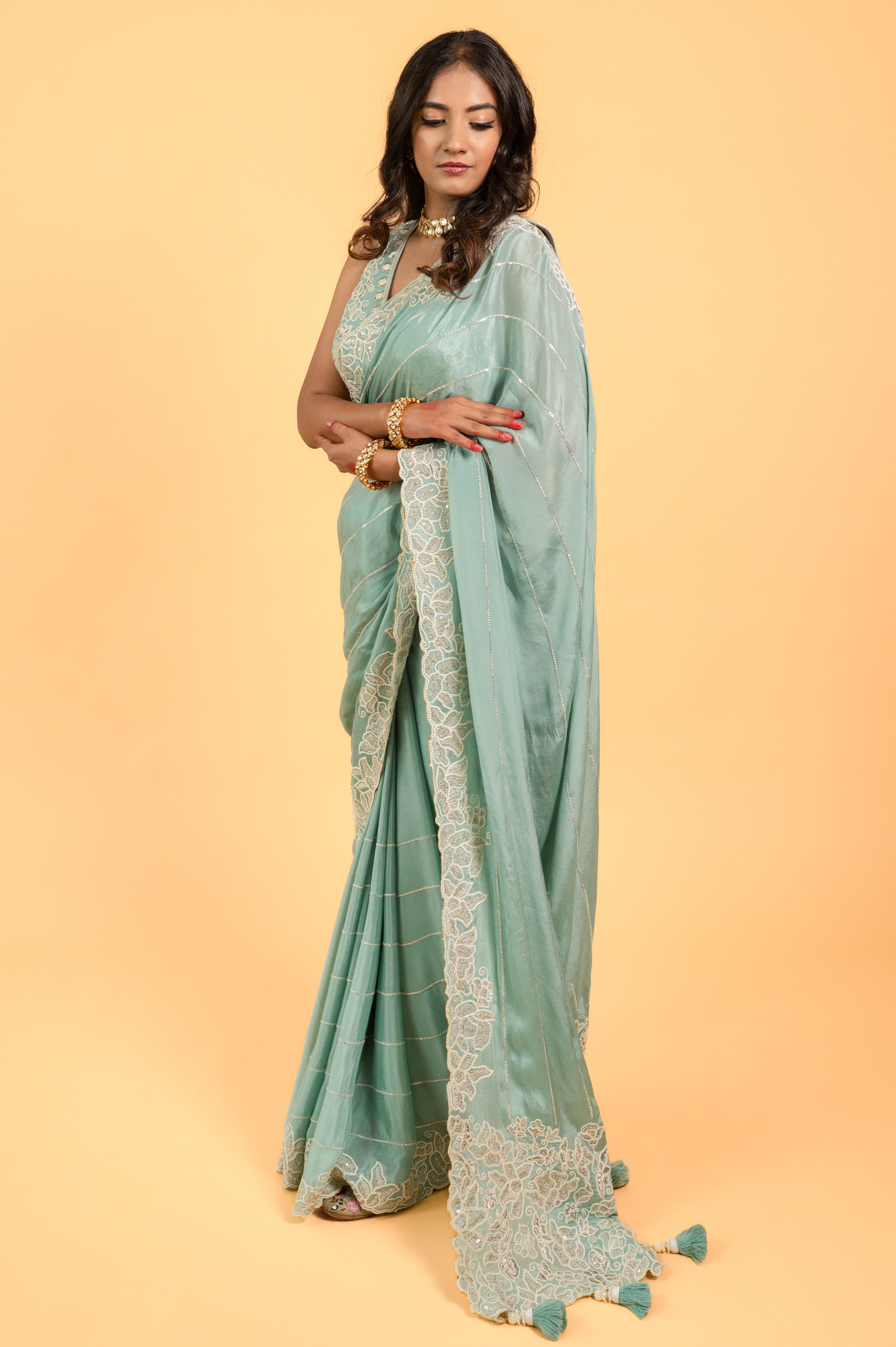 Two Blouse Concept – Black Designer Georgette Saree with White and Silver Embroidery