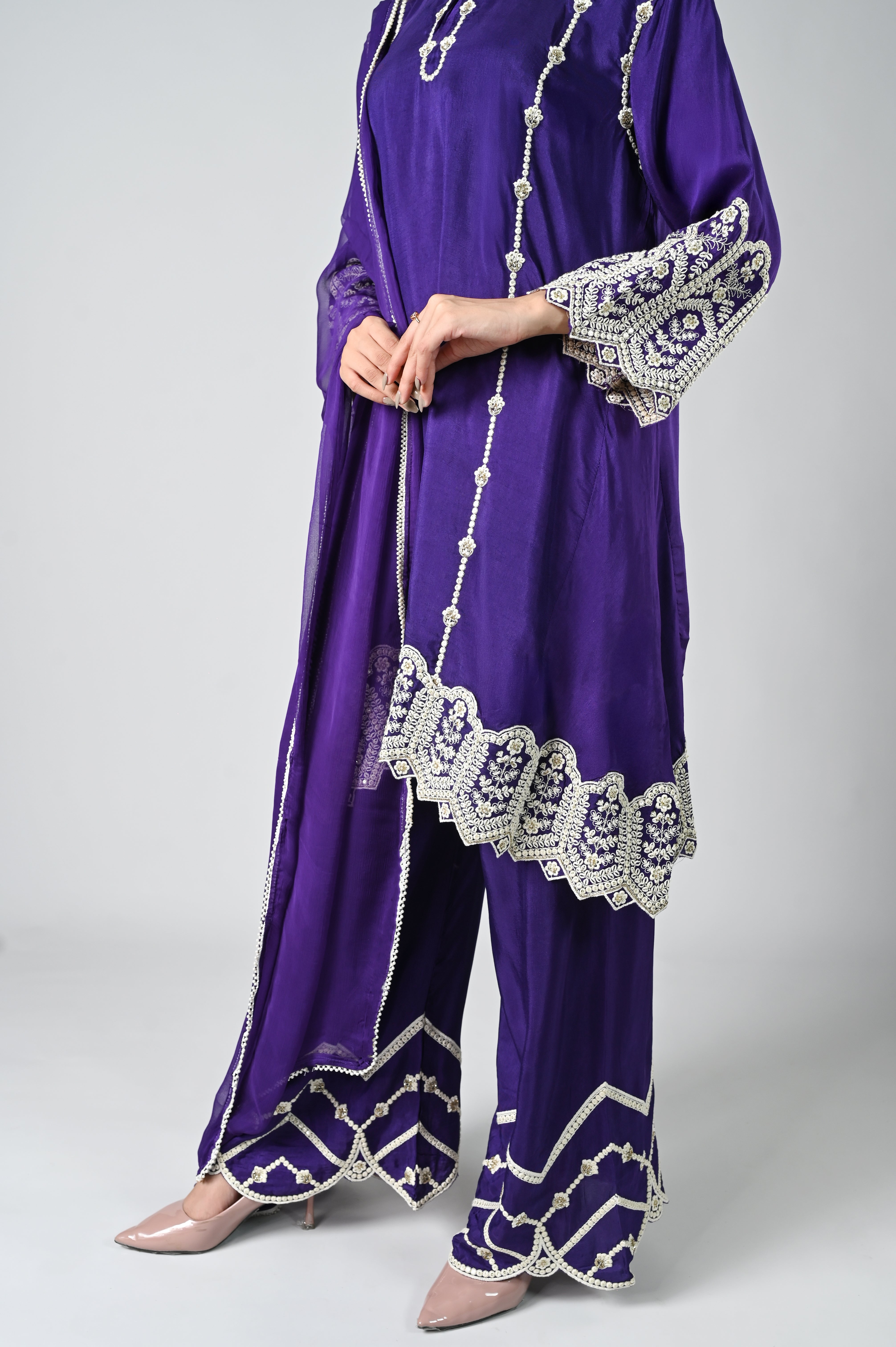 Purple Palazzo Crepe Kurta Set with Silver Embroidery