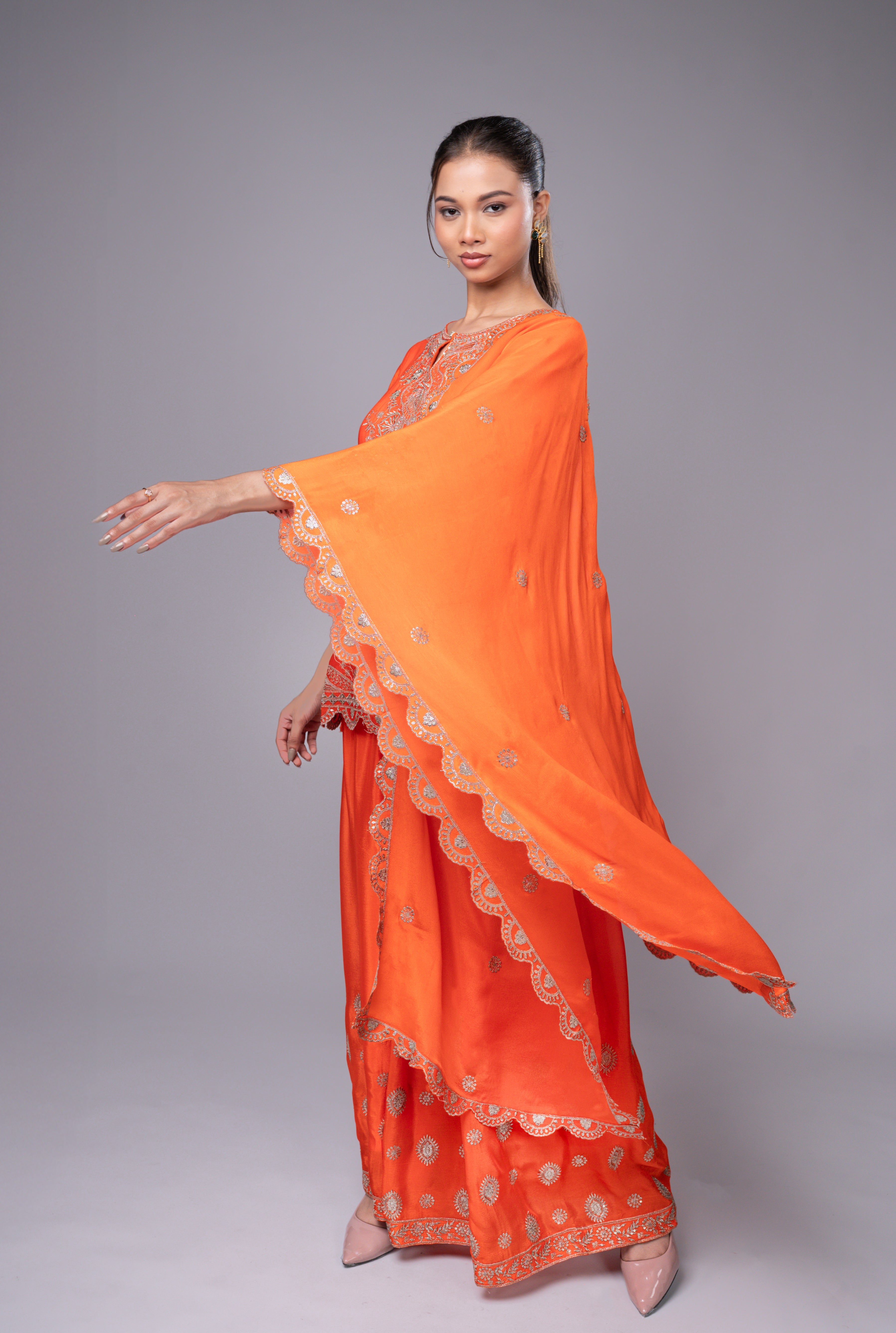 Orange Crepe Kurta Sharara Set with Golden Zari Embroidery