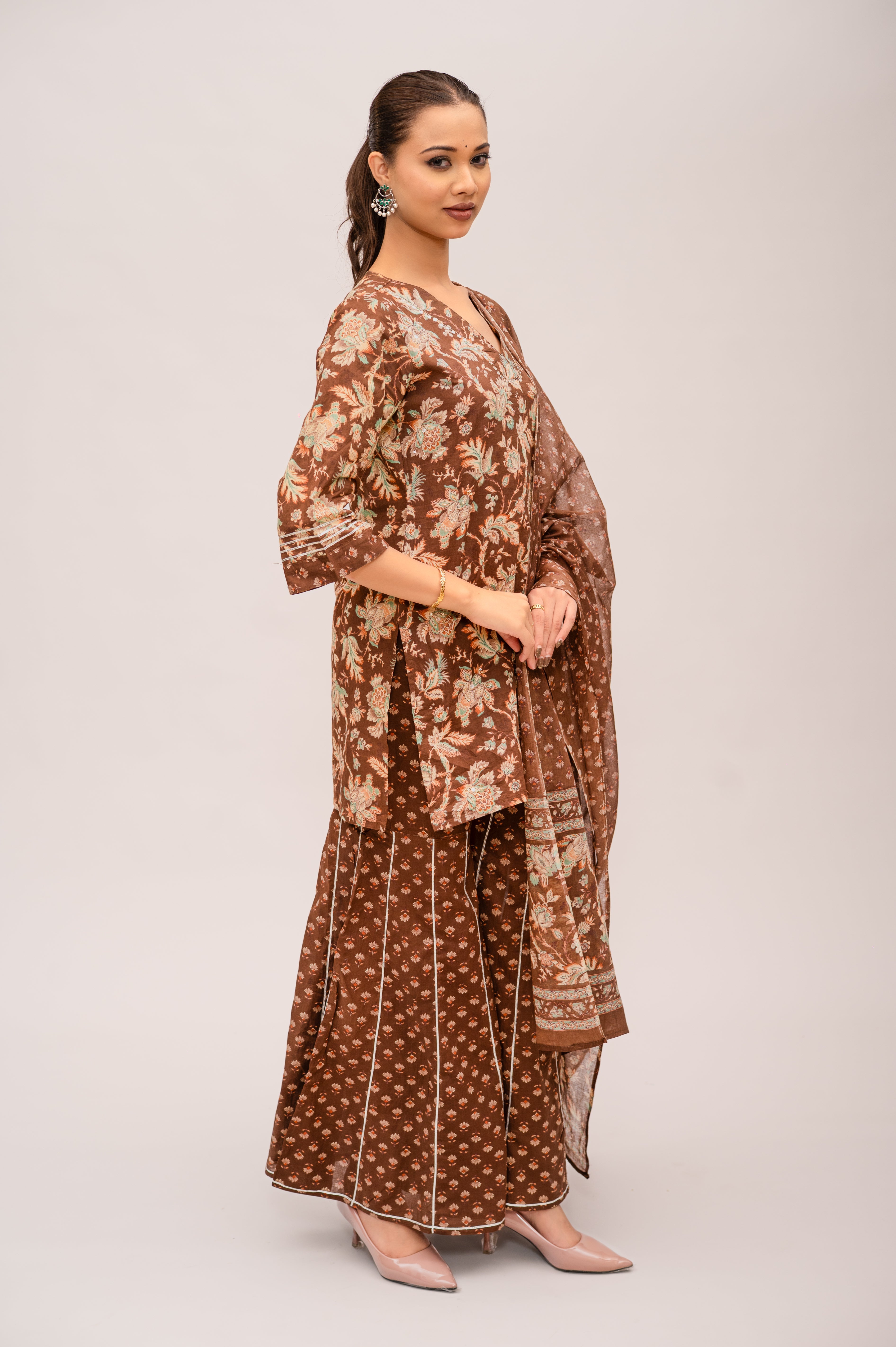 Brown Mal Cotton Floral Print Sharara Suit with Mirror Embroidery