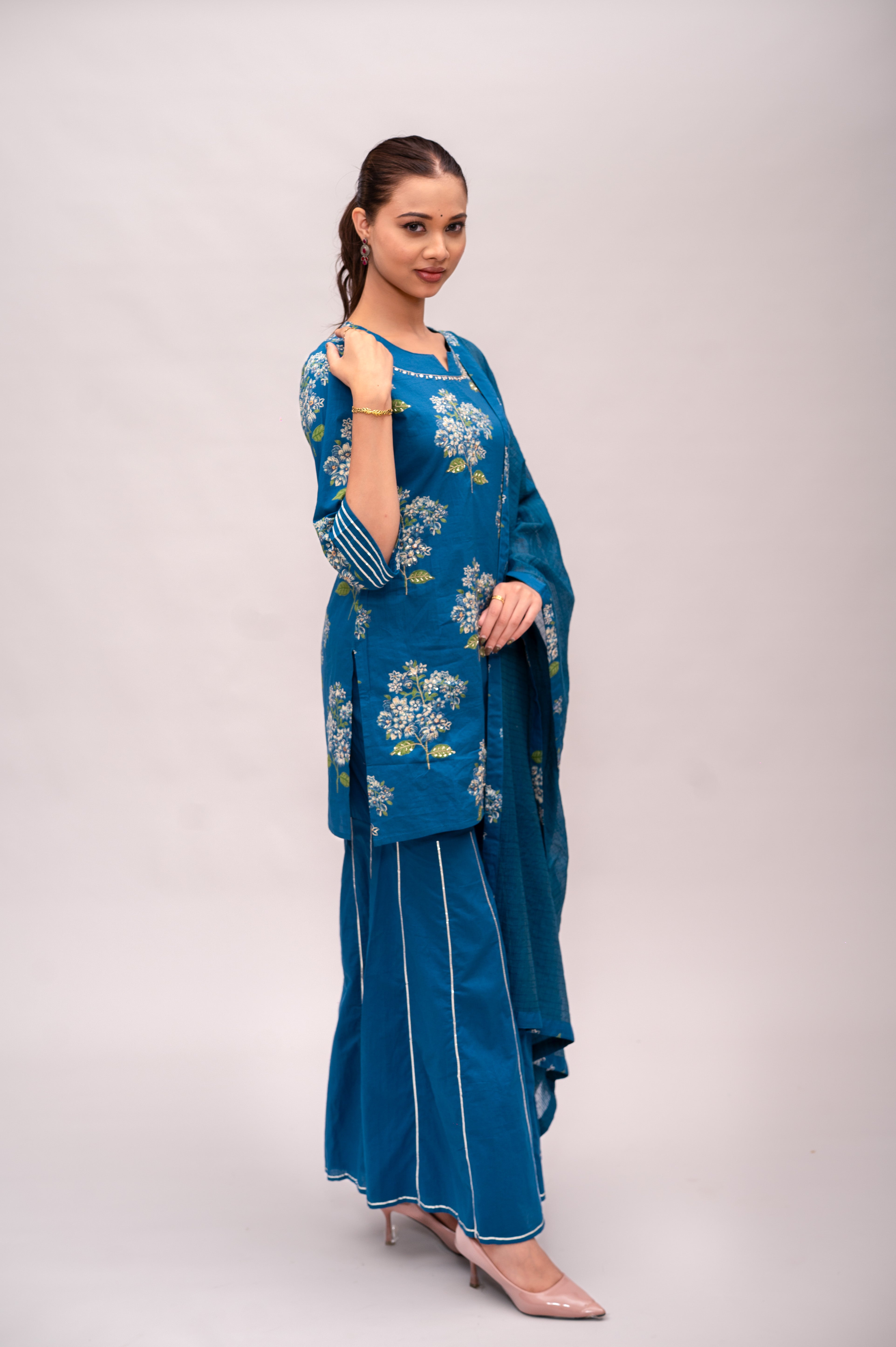 Navy Blue Mal Cotton Floral Print Sharara Suit with Mirror Embroidery
