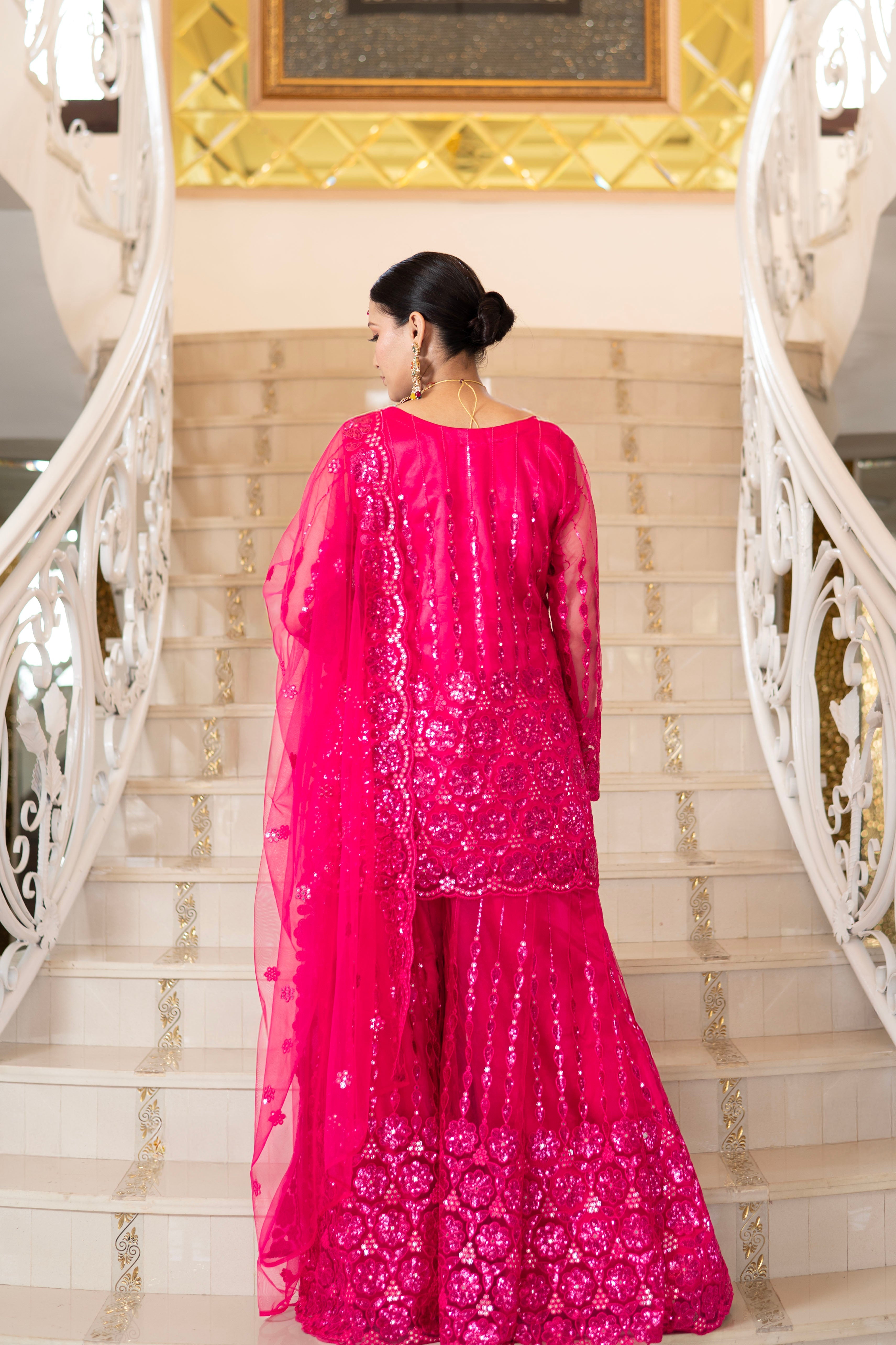 Fuchsia Pink Super Net Full Sleeve Kurta With Flared Palazzo Sets